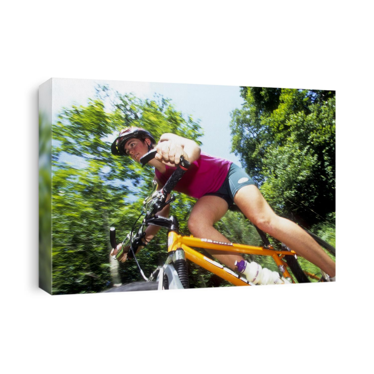 Young female recreational mountain biker riding in the forest.