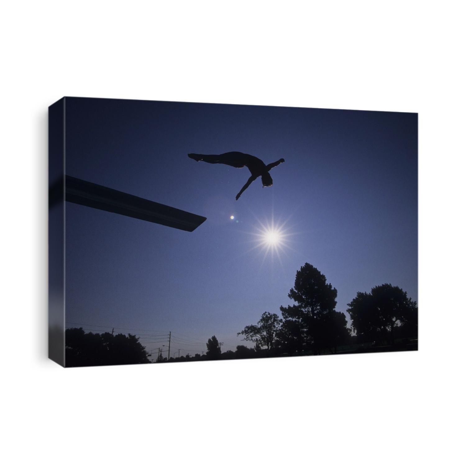 Silhouette of male diver in the air.