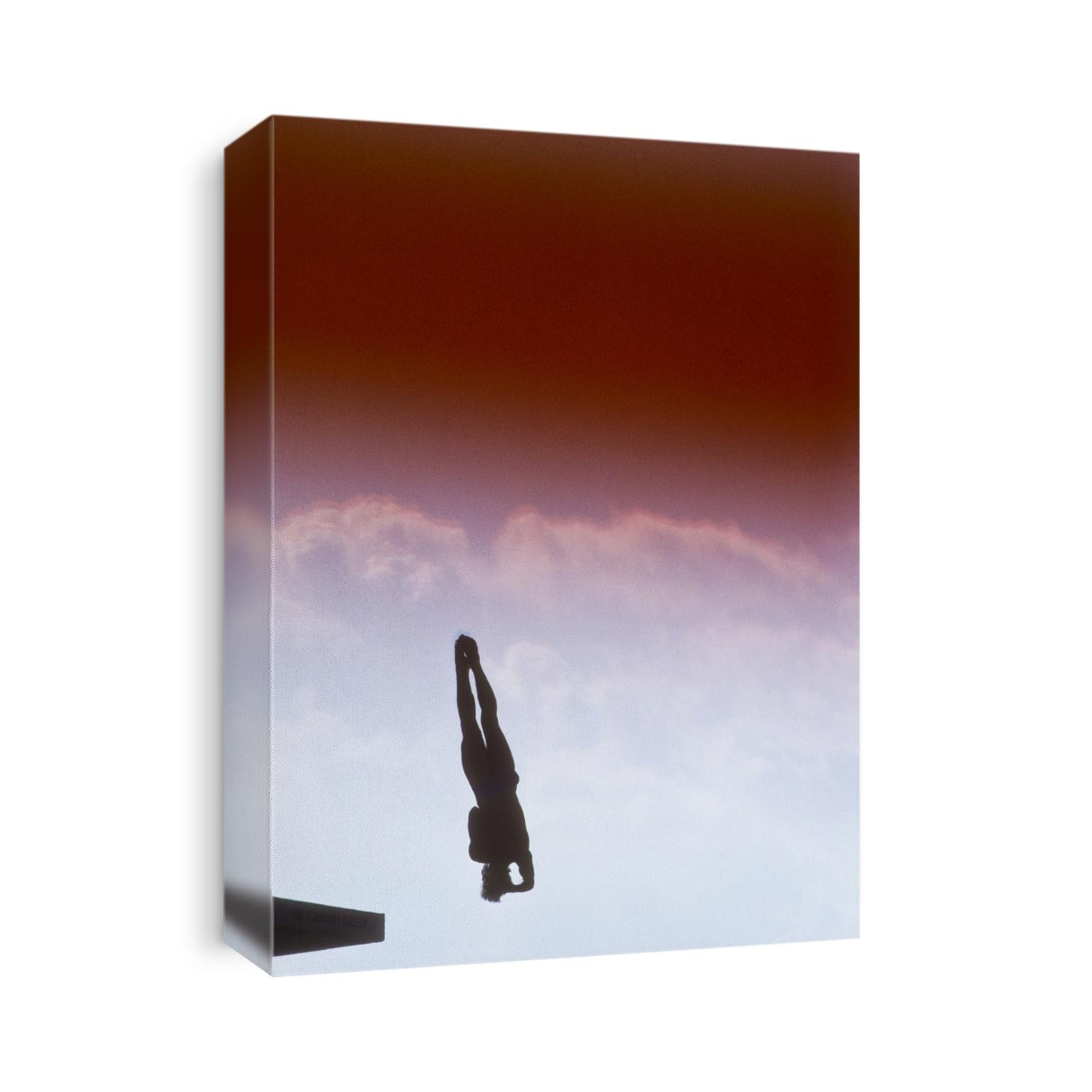 Silhouette of male diver in the air.