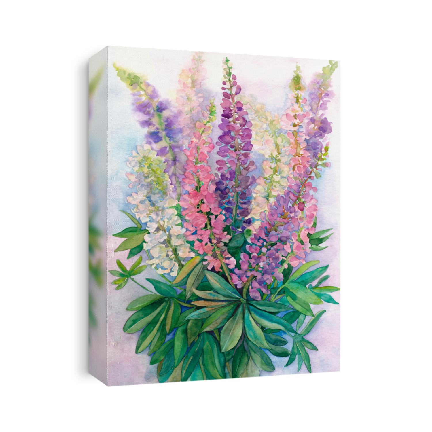 A bouquet of flowers of lupins purple, blue, pink, green, watercolor painting