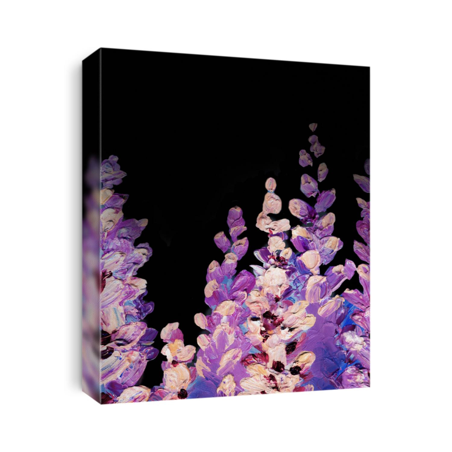 Bright acrylic paint asia china pattern view. Vibrant lavender hand drawn. Dark canvas paper brush asian greet card style. Delicate red color fresh bush twig field. Dusk black night sky scene backdro