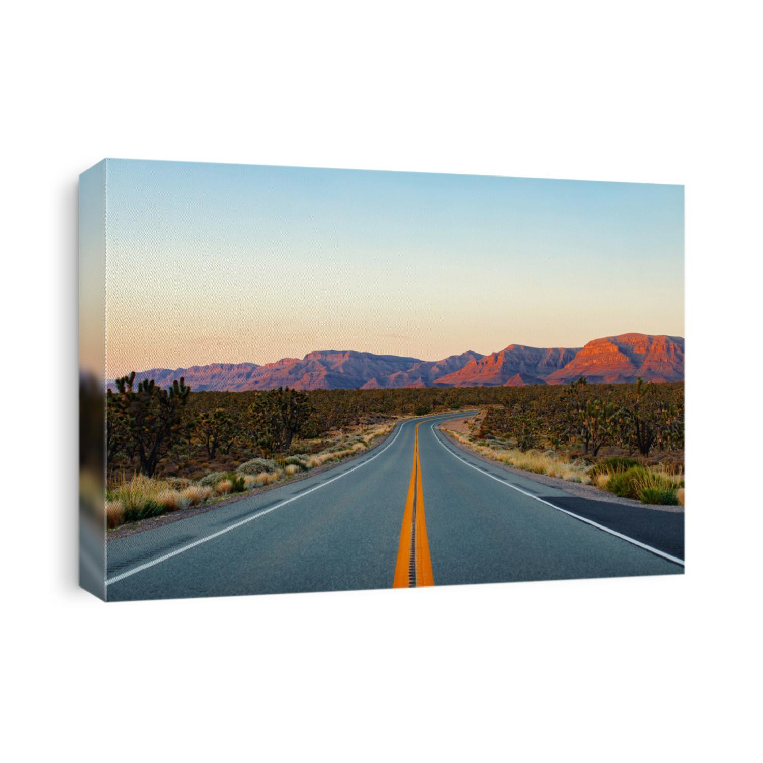 Sunset road with yellow lines in Joshua tree forest. Road to Grand Canyon West national park, Arizona‎