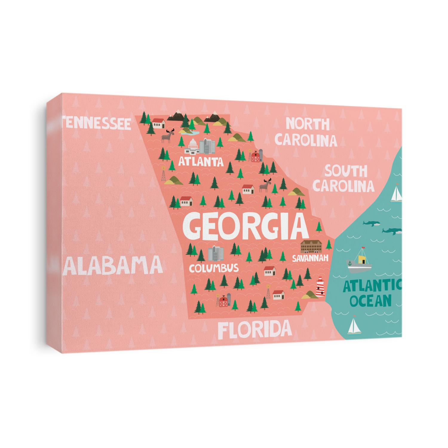 Illustrated map of the state of Georgia in United States with cities and landmarks. Editable vector illustration