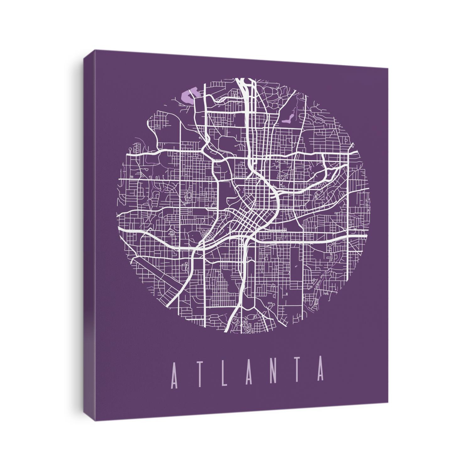 Atlanta map poster. Decorative design street map of Atlanta city. Cityscape aria panorama silhouette aerial view, typography style. Land, river, highways, avenue. Round circular vector illustration.
