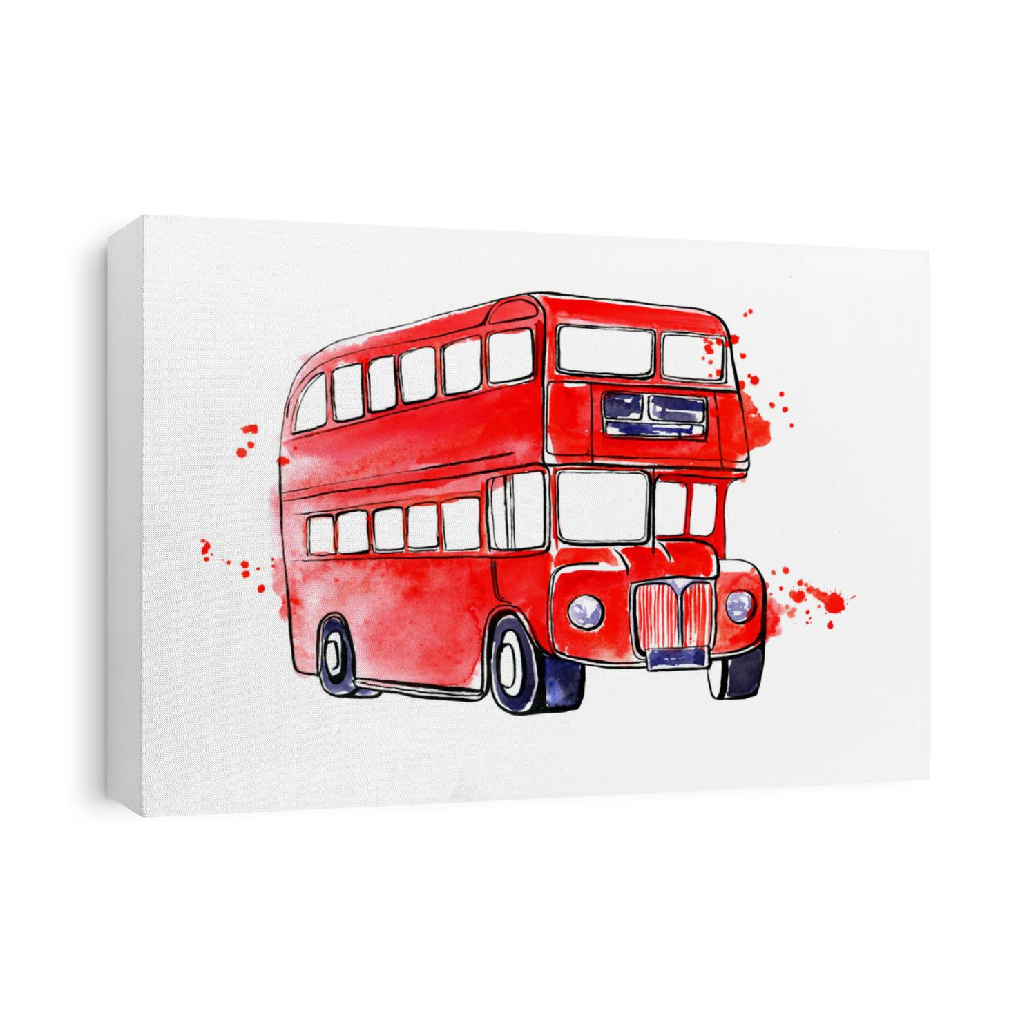 Hand drawn illustration with famous London symbol - red double decker bus. Watercolor and ink sketch with splashes and blots. Black outline and bright colorful stains isolated on white background