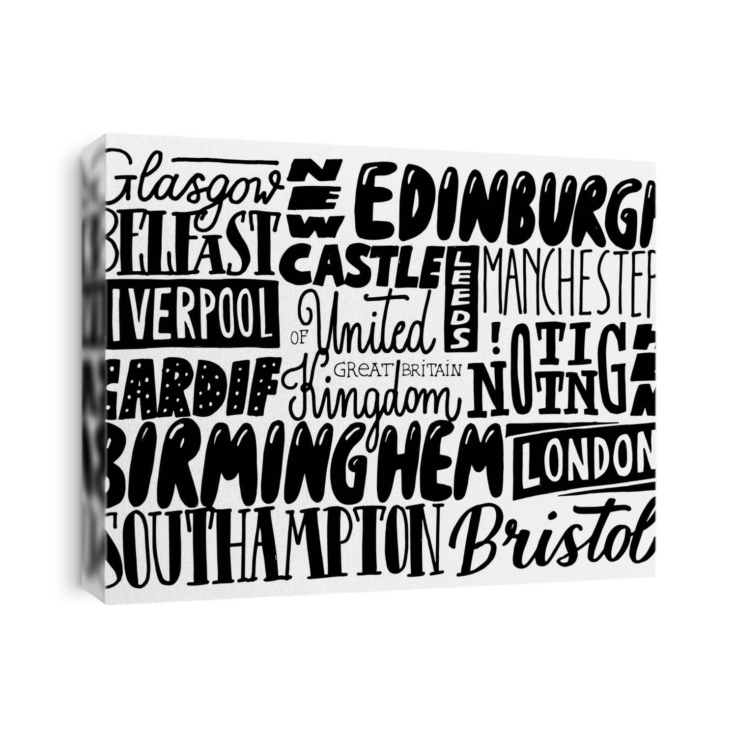 Cities of the United Kingdom of Great Britain. Hand drawn lettering poster. Typographic design of lettering bord. European cities.