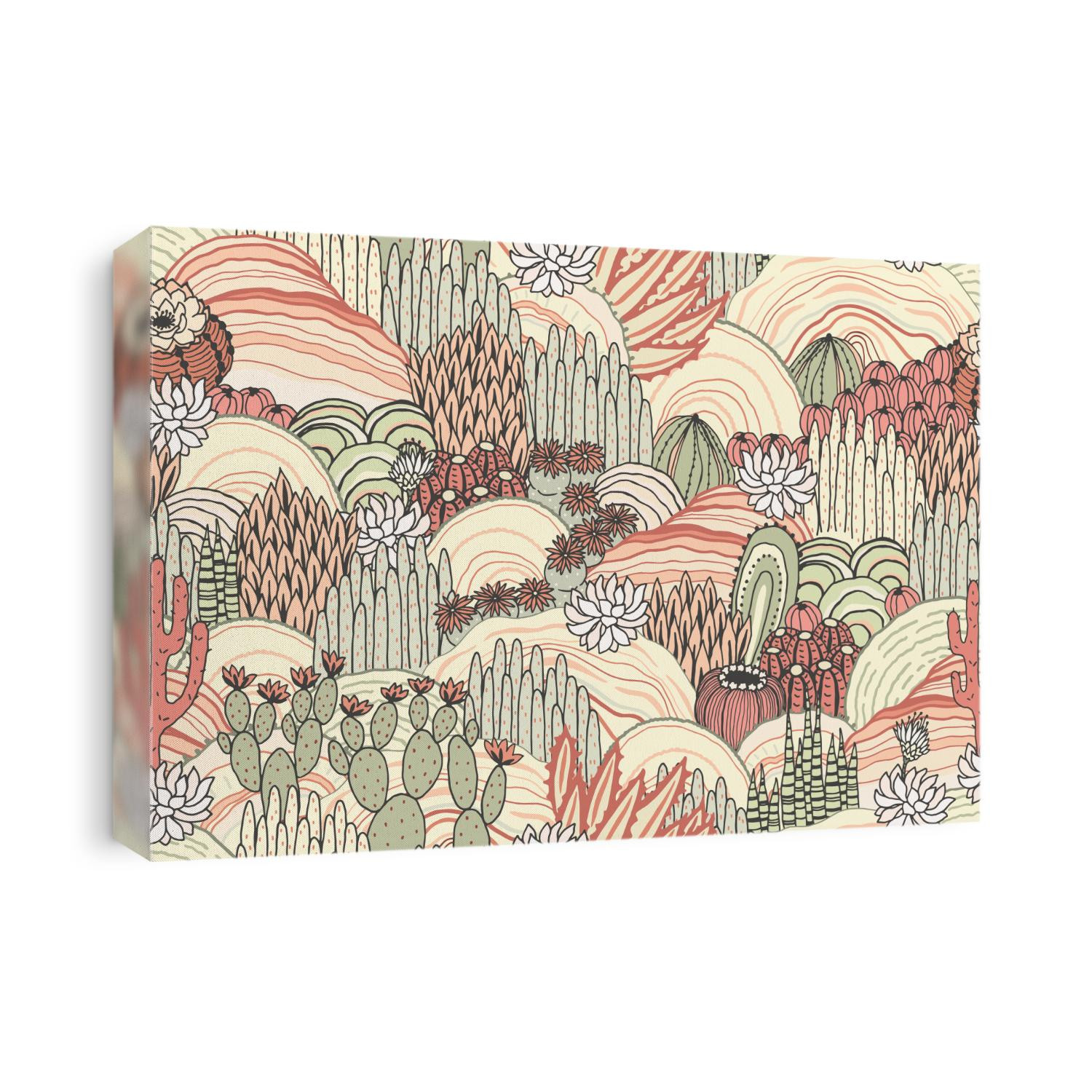Cacti and succulents on outdoor, floral landscape, seamless pattern, environment. Vector hand drawn illustration in vintage style, colorful print.