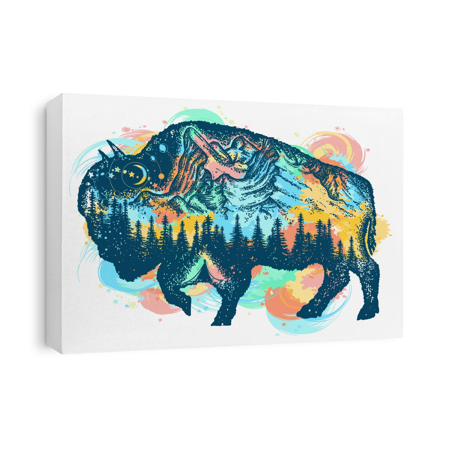 Buffalo bison color tattoo art. Mountain, forest, night sky. Travel symbol, adventure tourism