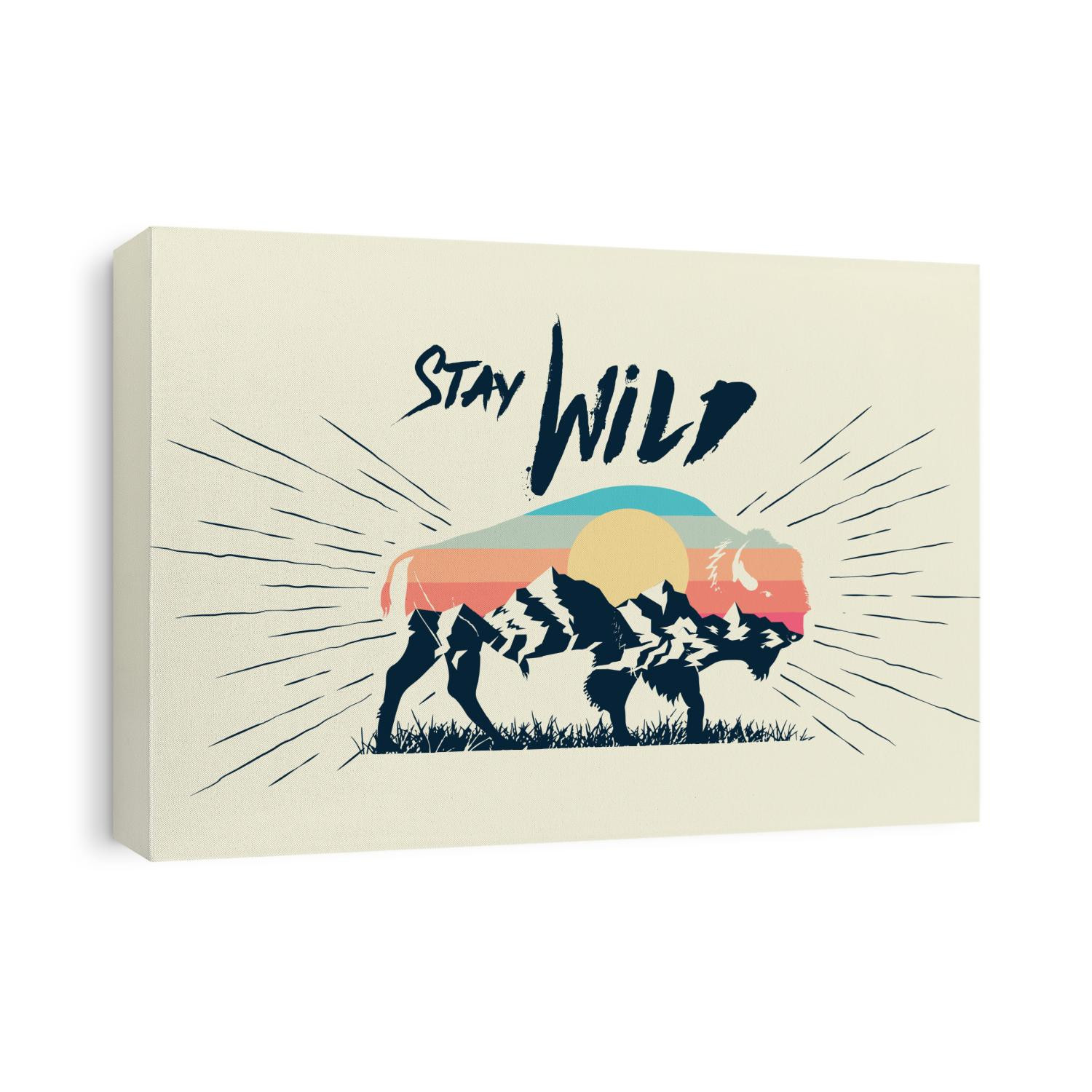 Double exposure effect buffalo bison silhouette with mountains landscape and stay wild caption. T-shirt print design. Vector illustration.