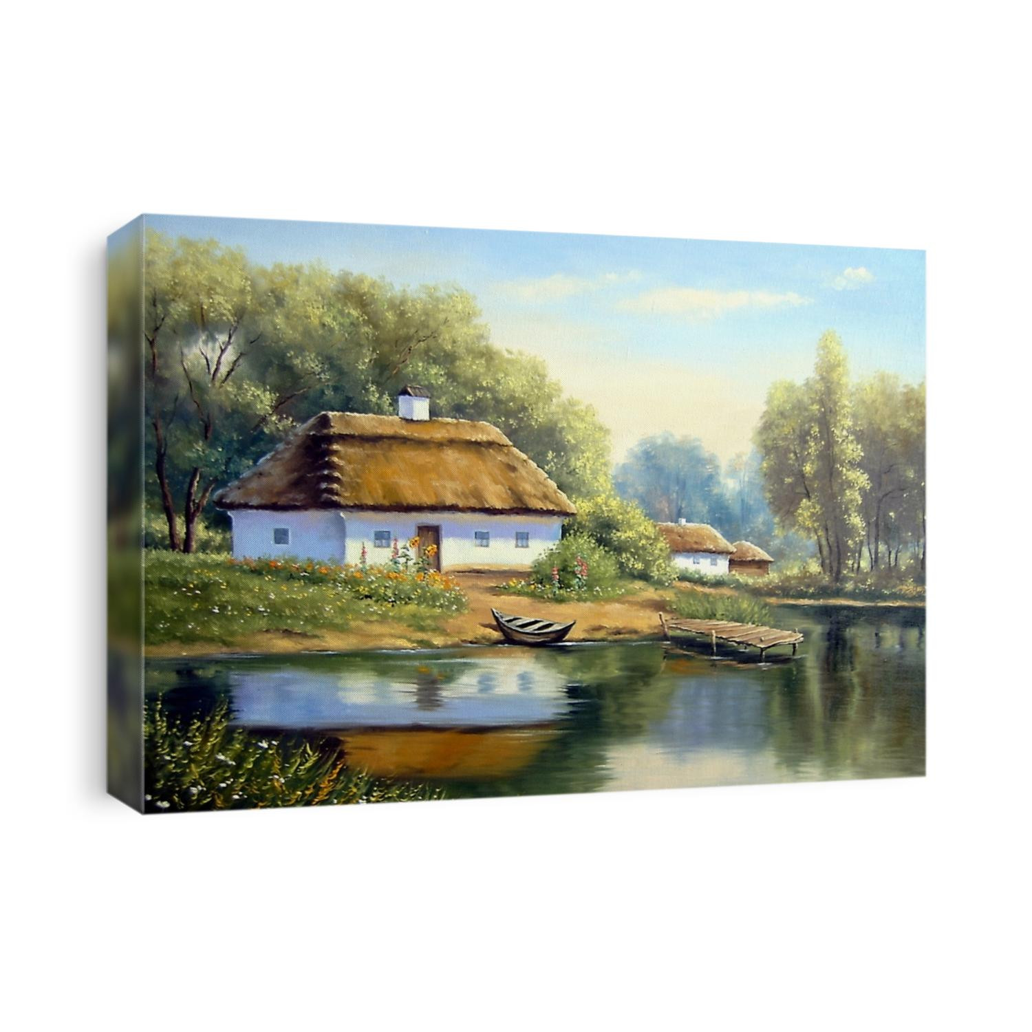 Landscape,oil painting on canvas - Ukraine house in the forest, boat and river