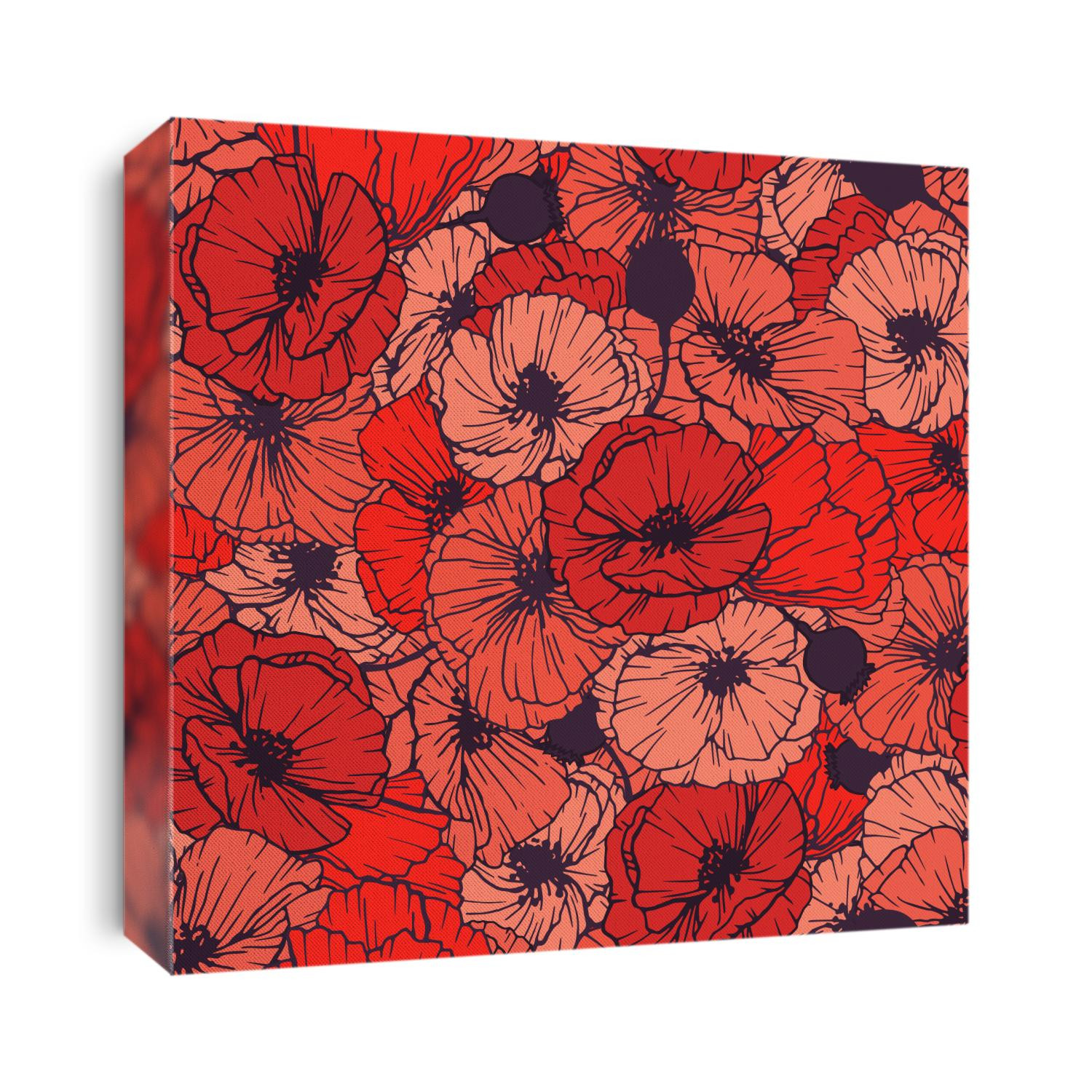 Red Poppies Seamless Pattern. Summer Flowers in Linear Engraving Style. Vector Floral Repeating Pattern for Cover , Print Design