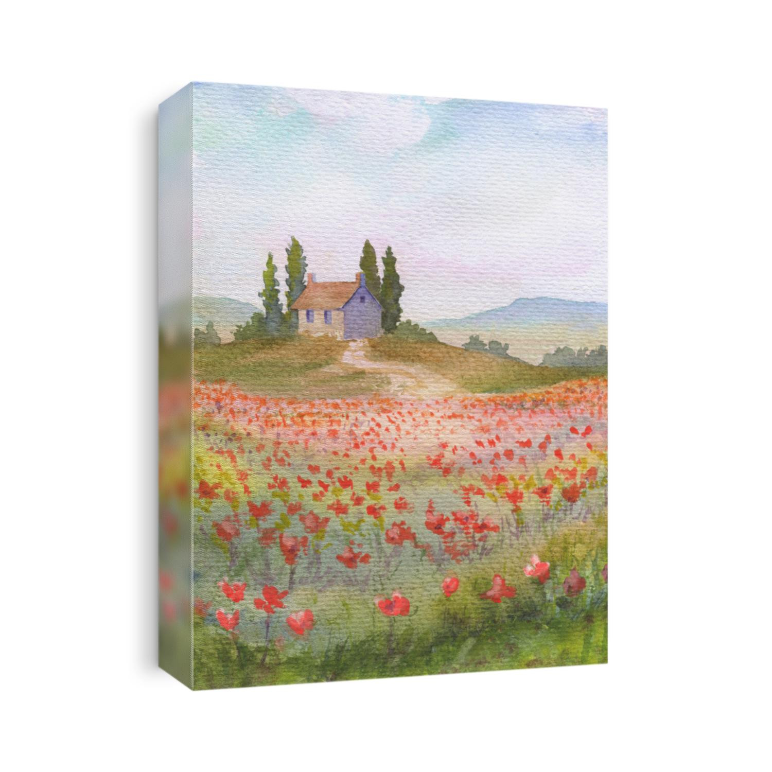 Watercolor illustration with grass field with flowers and house  and trees on hill. Poppies and other wild flowers, peaceful sky with clouds