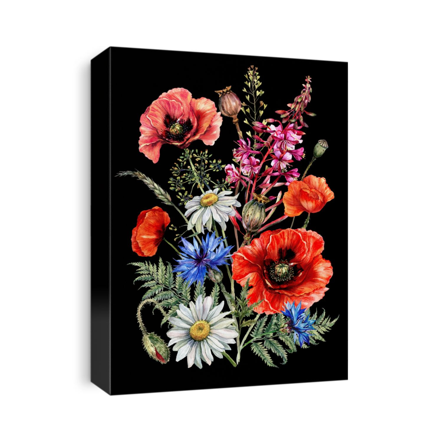 Hand Drawn Watercolor Flower Bouquet of Wildflowers: Poppy, Chamomile, Cornflower, Fireweed, Fern. Botanical Illustration in Vintage Style of Summer Decoration Isolated on Black. Floral Illustration.