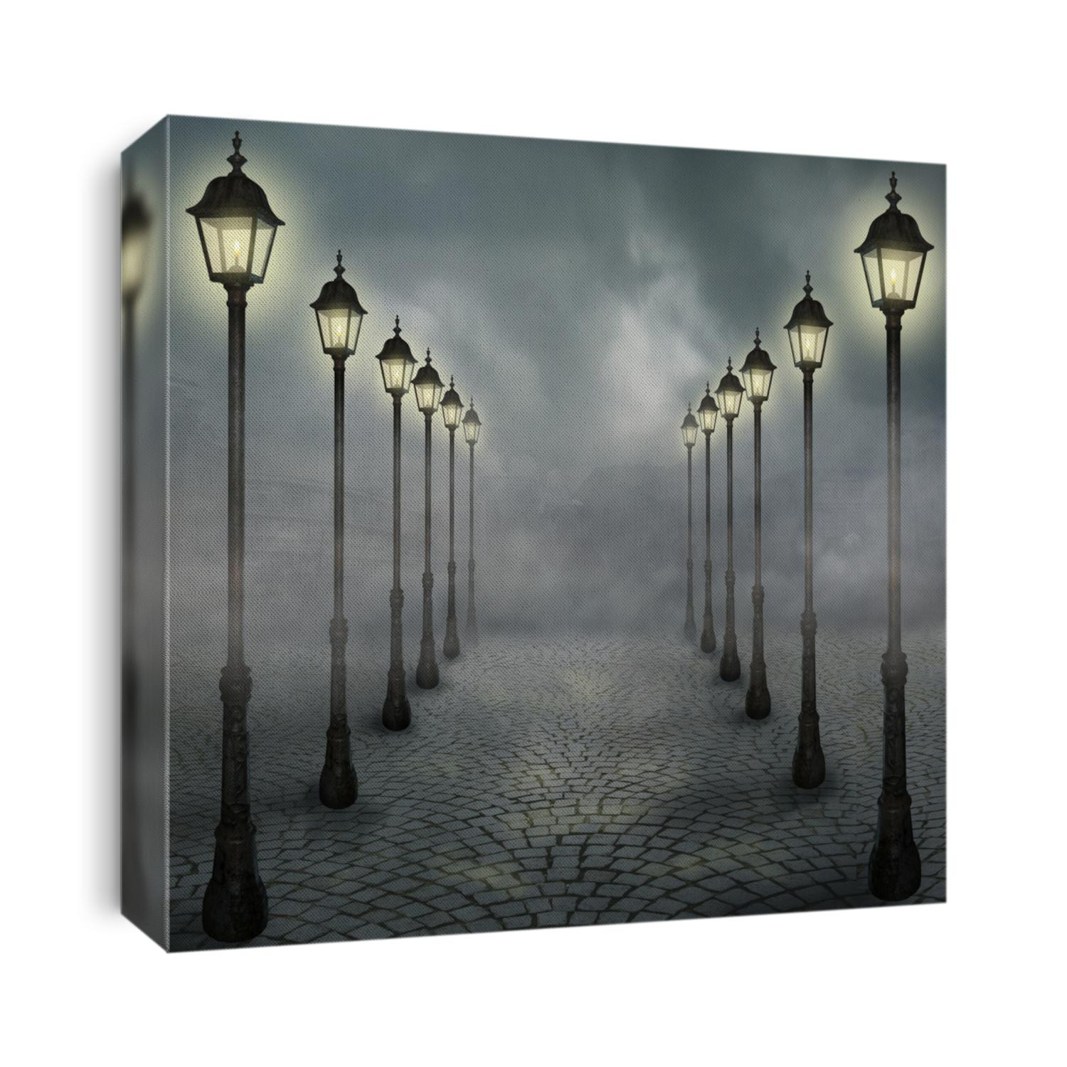 Fog in the park with street lamps