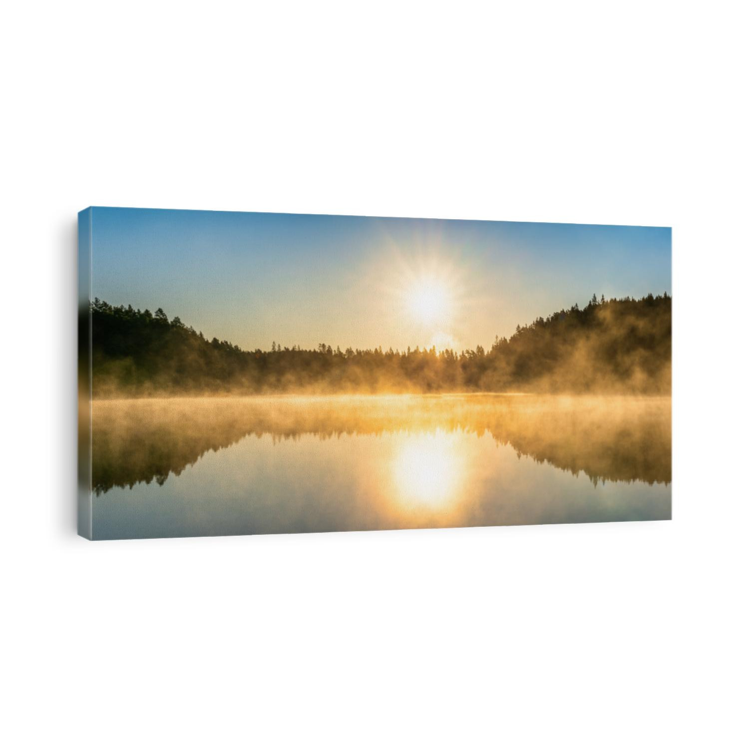 Foggy lake at sunrise in autumn. Swedish landscape