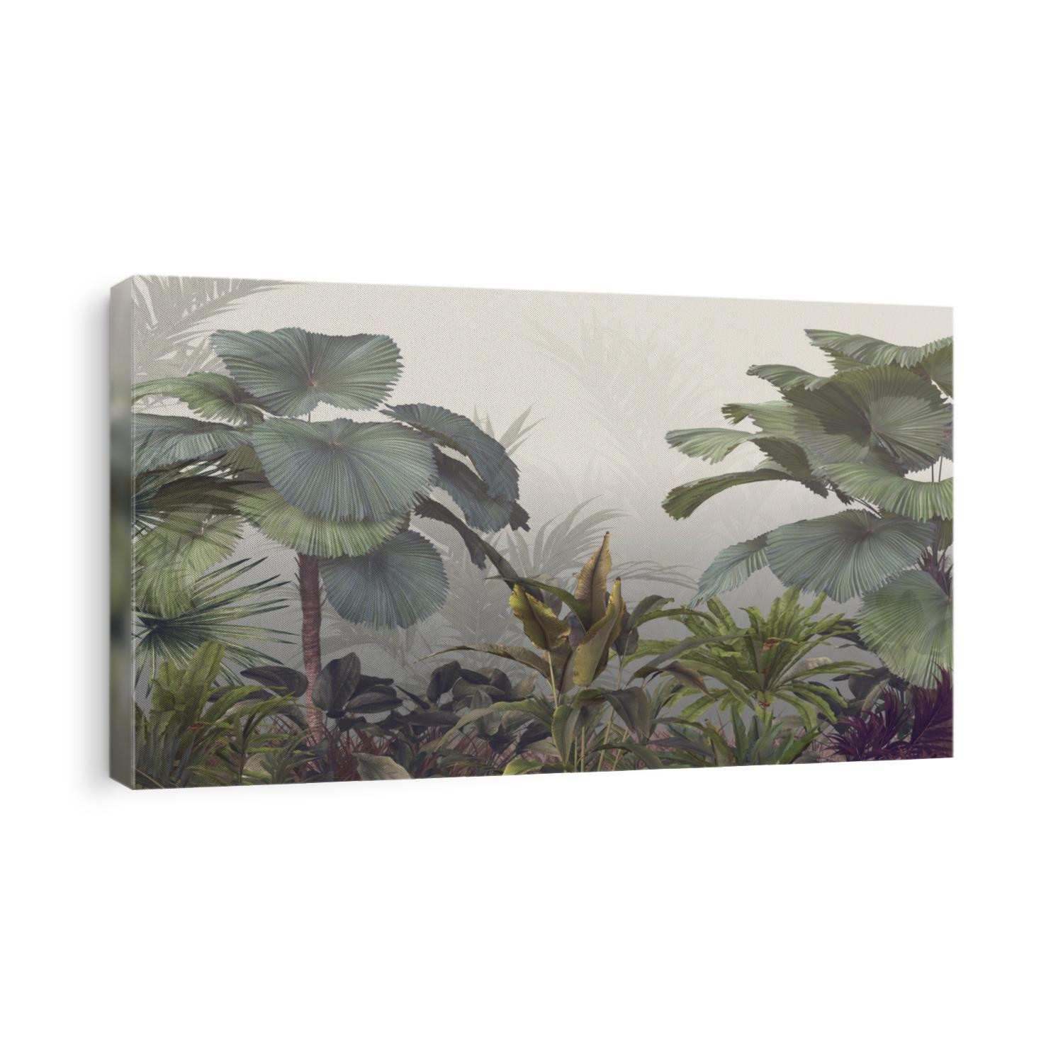 tropical trees and leaves wallpaper design in foggy forest - 3D illustration
