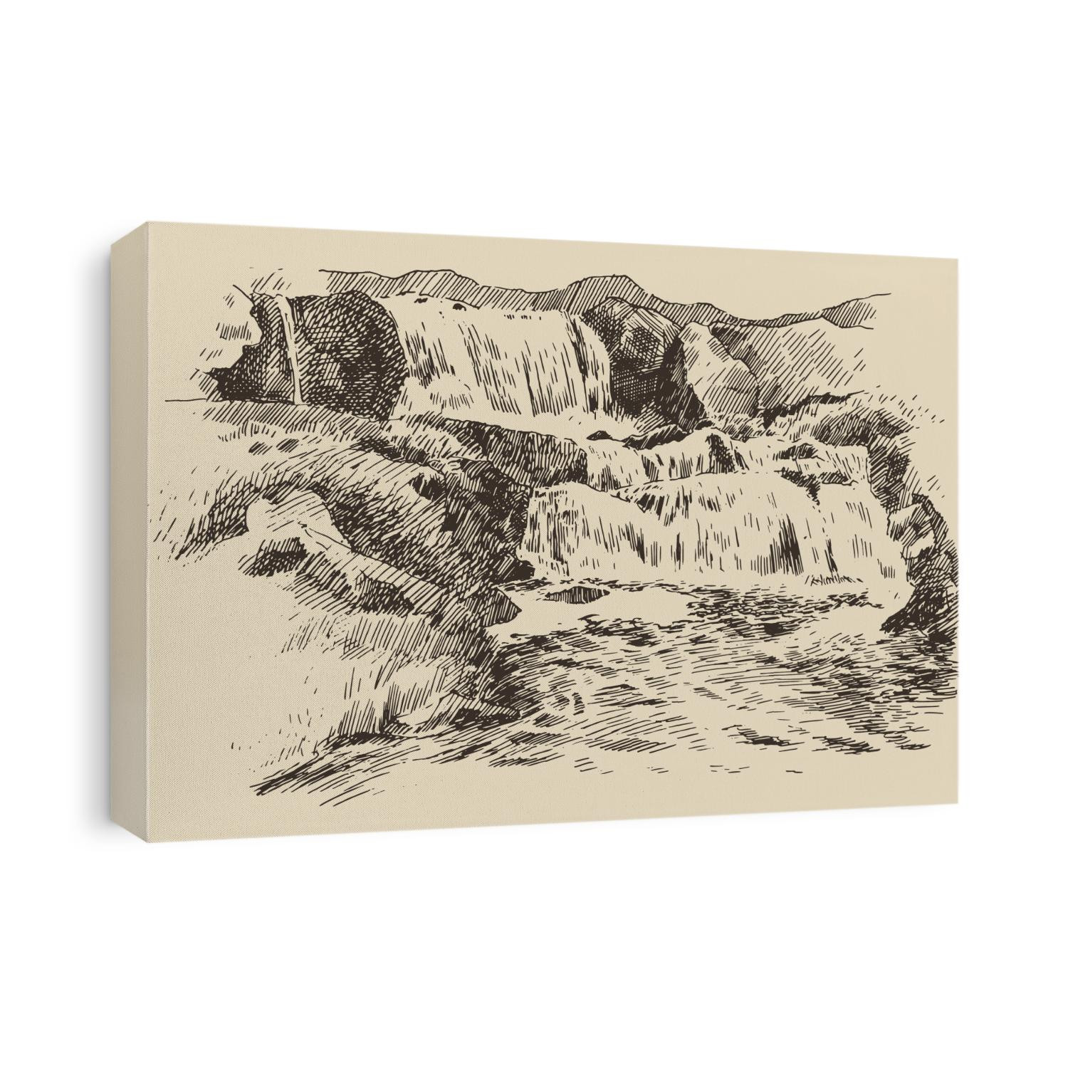 Vintage engraving illustration of beautiful waterfalls, hand drawn