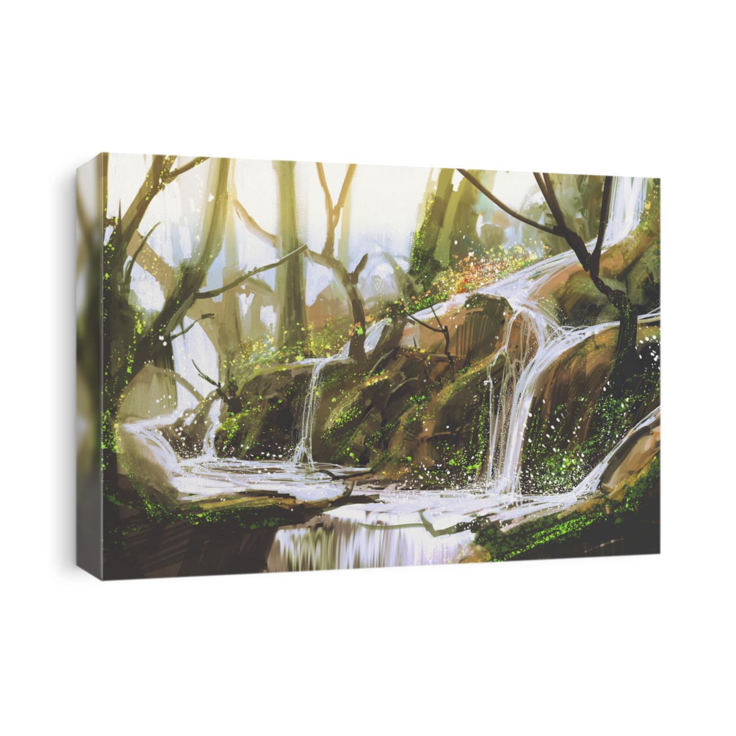 waterfall in forest,illustration painting