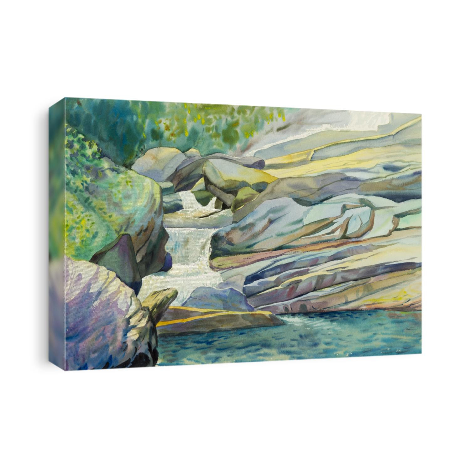Watercolor landscape original painting colorful of waterfall and emotion in green leaves background