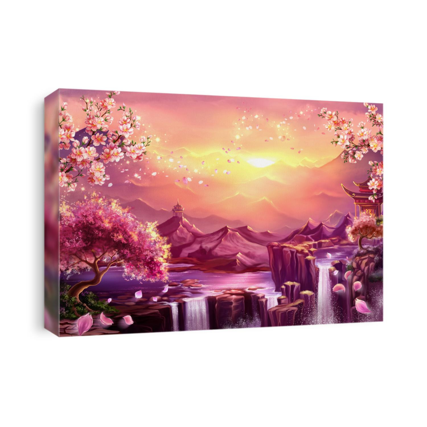 Oriental background, digital art. Illustration of a mountain dawn landscape with sakura blossoms. Can be used as location for games, greeting cards or illustration for books