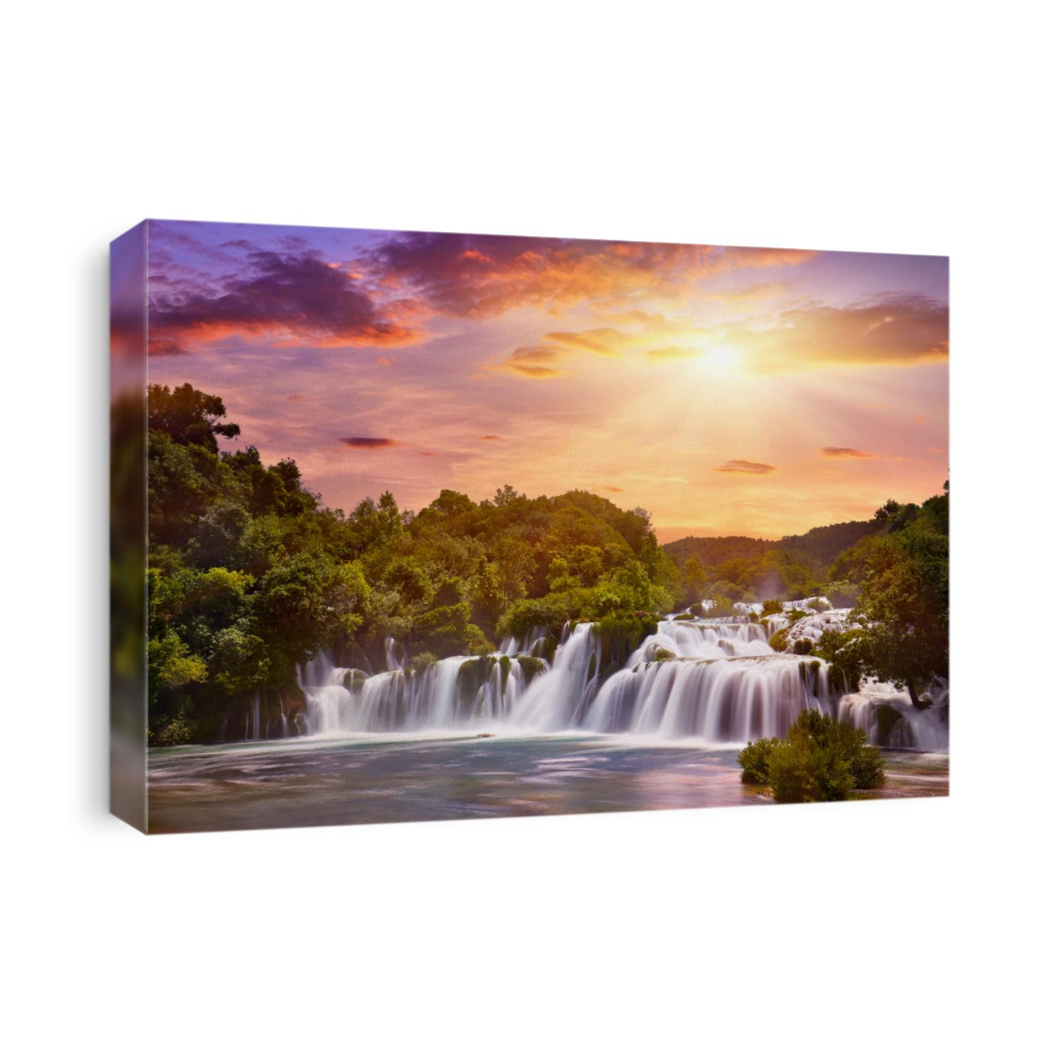 Beautiful Skradinski Buk Waterfall In Krka National Park - Dalmatia Croatia, Europe. Beautiful long exposure panorama of waterfalls (milk effect). A true natural wonder. Amaizing sunlight view. 