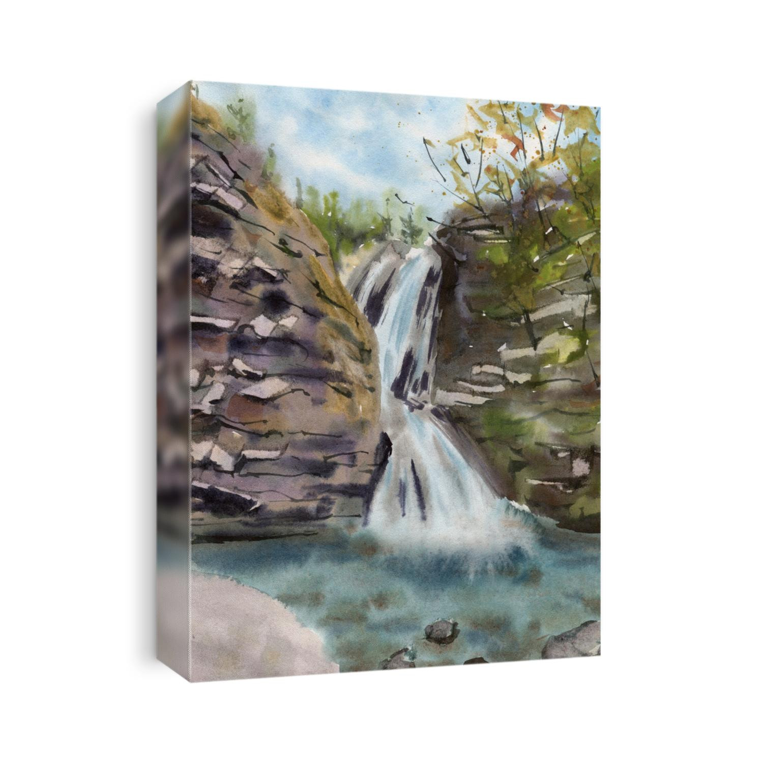 Hand Drawn Watercolor Landscape With Waterfall in Forest