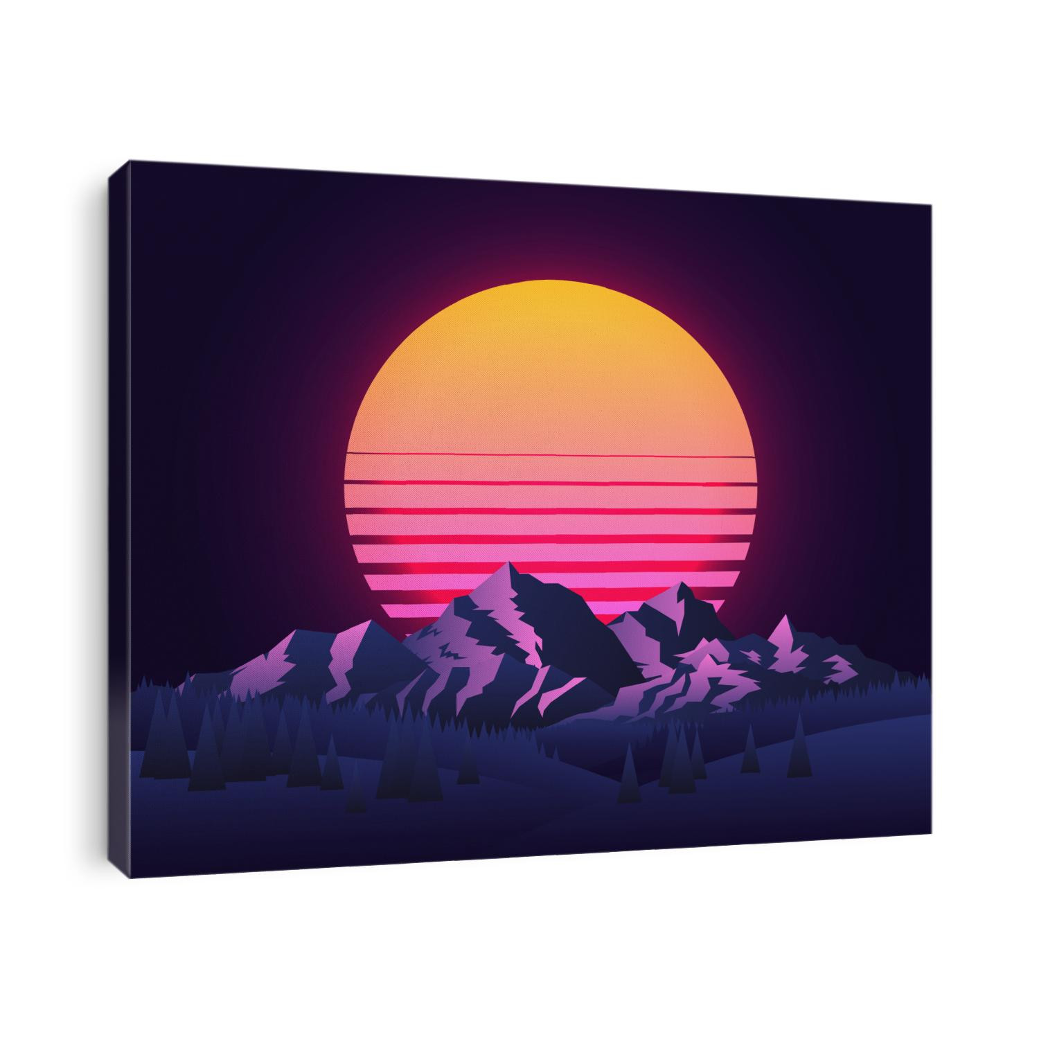 Abstract image of a sunset, the dawn sun over the mountains landscape in the background and trees in the foreground. Vintage futuristic 90's sun. Mountain landscape. Vector illustration.