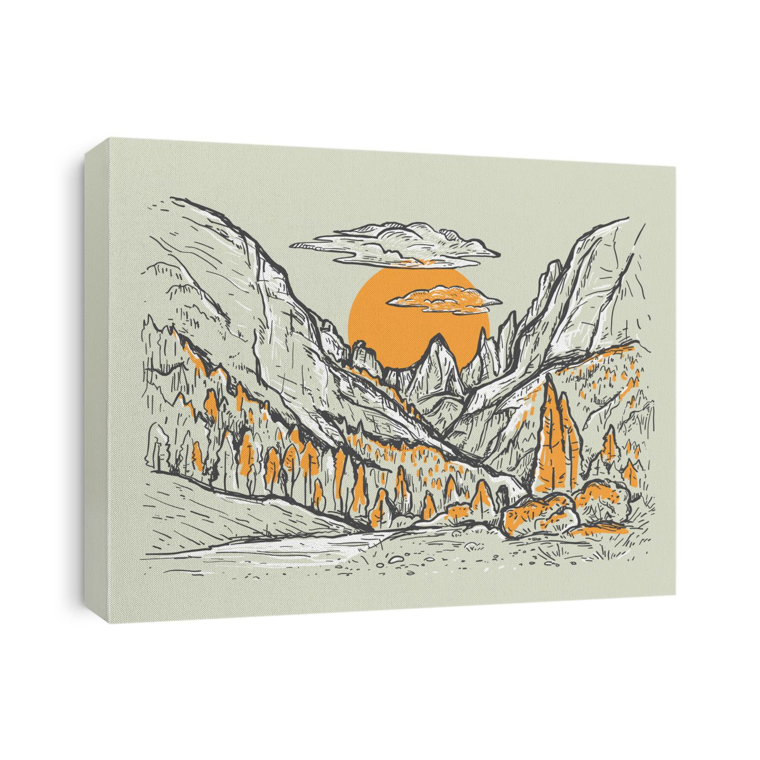 Autumn hand drawn sketch illustration with a canyon, trees and yellow sun. Nature vintage vector landscape with mountains.  High mountain ranges with forest. Romantic design for print, postcard