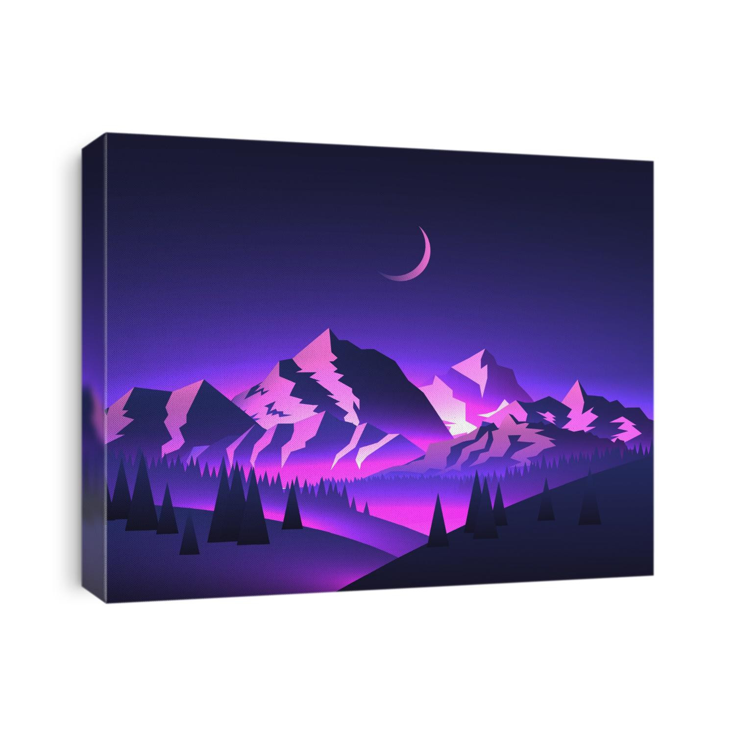 Night mountains landscape with mountains peaks and valleys with purple glowing and moon. Travel adventure themed vector illustration