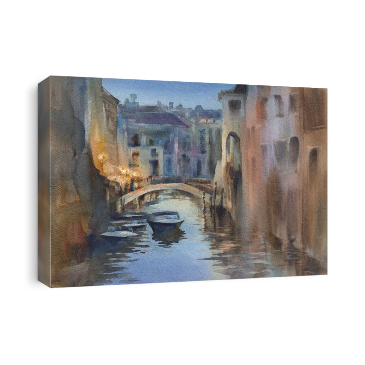 Venetian night lights watercolor landscape. A canal with gondolas under the bridge. Twilight colors