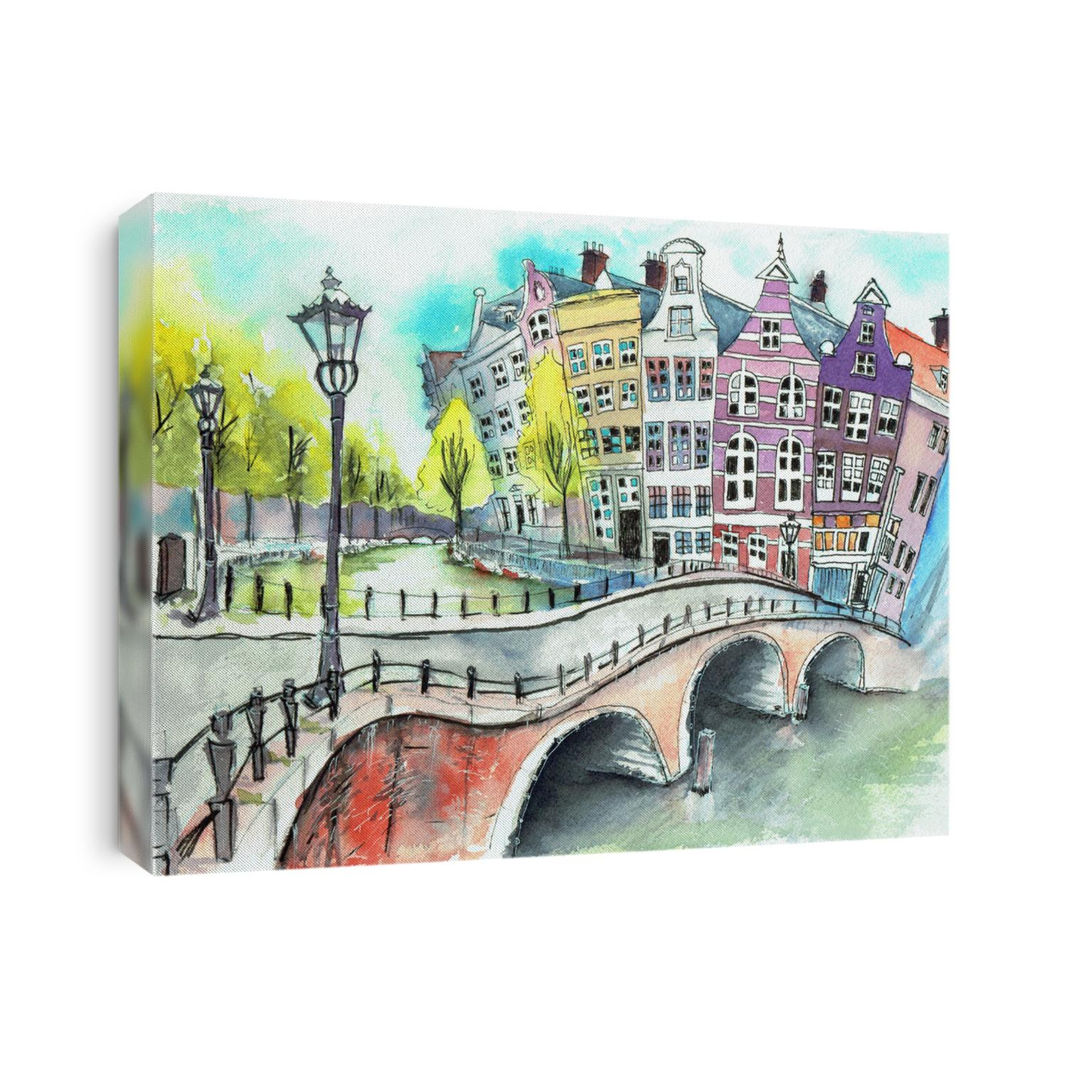 Bridge in amsterdam watercolor painting