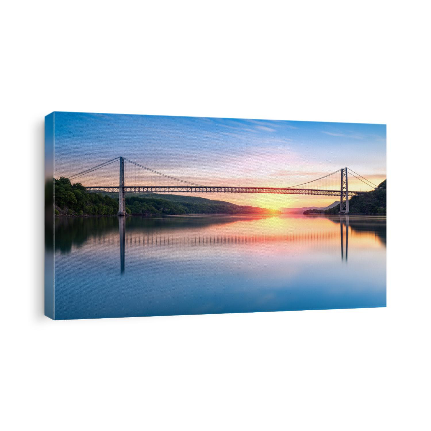 Bear Mountain Bridge at sunrise (long exposure). Bear Mountain Bridge is a toll suspension bridge in New York State, carrying U.S. Highways 202 and 6 across the Hudson River