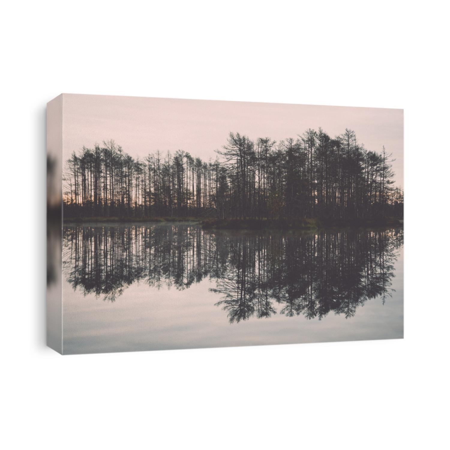reflections in the lake water at sunrise. Vintage photography effect.