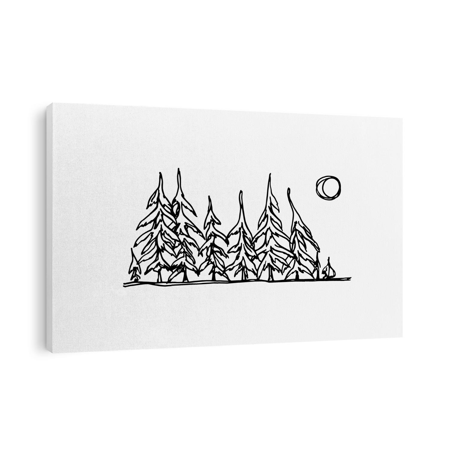 Vector illustration of hand drawn forest landscape with spruce trees arranged in a line. Ink drawing, graphic style. Beautiful design elements.