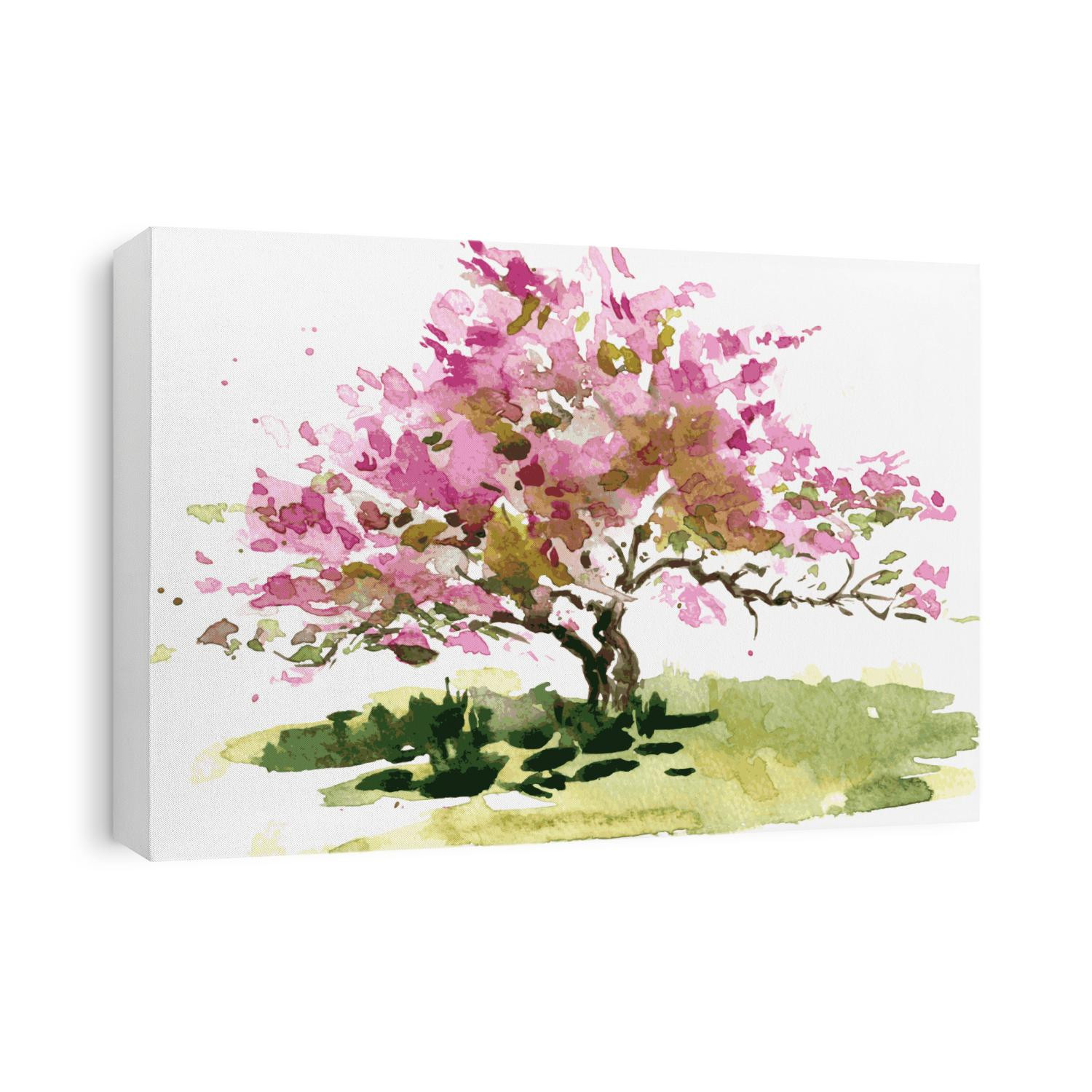 cherry blossom tree drawing by watercolor, aquarelle sketch of blooming apple blossoms, painting garden, hand drawn vector art background