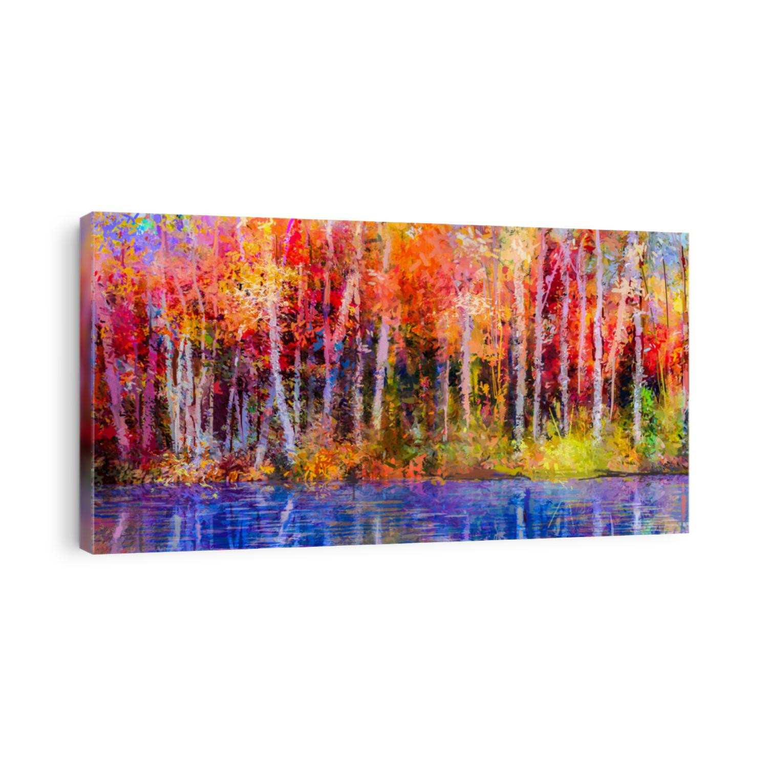Oil painting colorful autumn trees. Semi abstract image of forest, aspen trees with yellow - red leaf and lake. Autumn, Fall season nature background. Hand Painted Impressionist, outdoor landscape