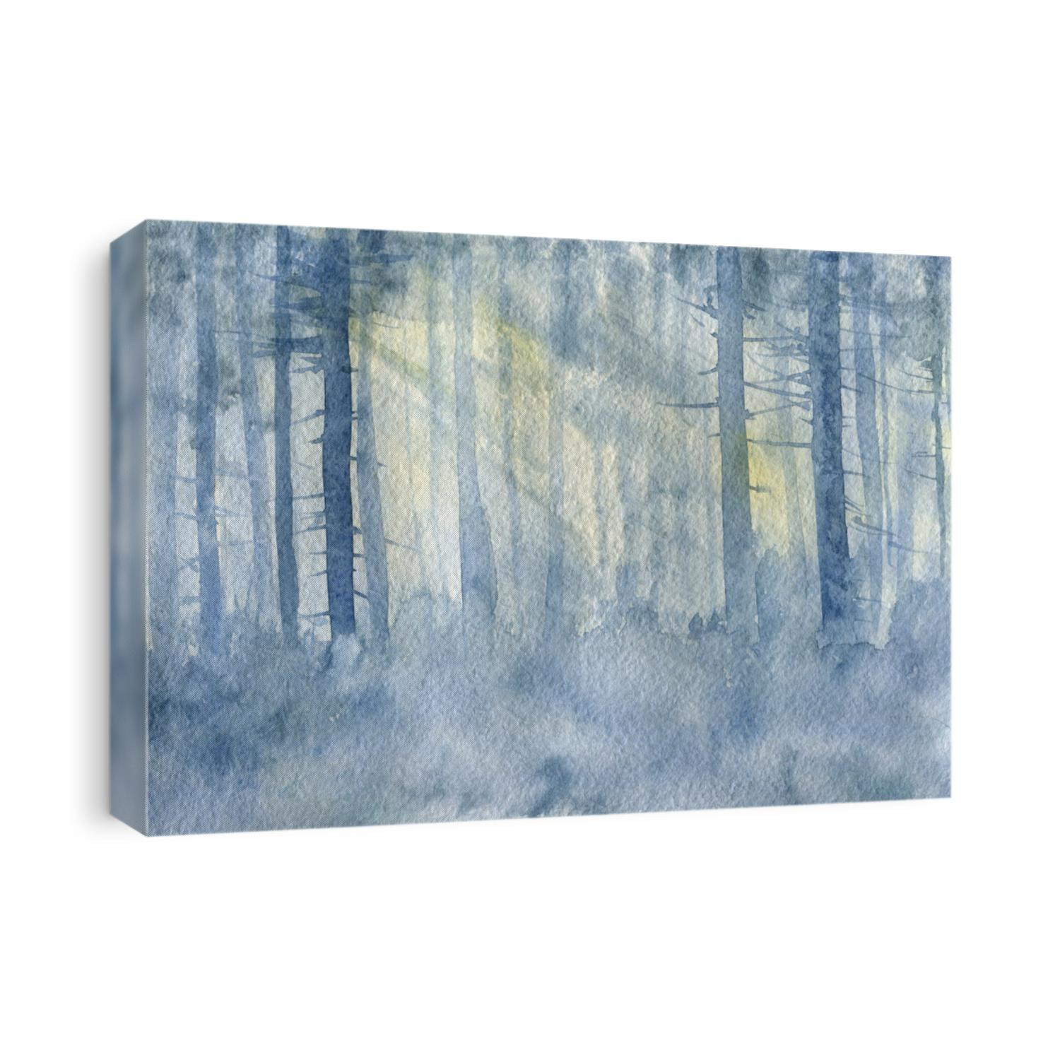 watercolor landscape with mist and trees trunks, cobweb morning, fog in a forest, hand drawn illustration, nature background