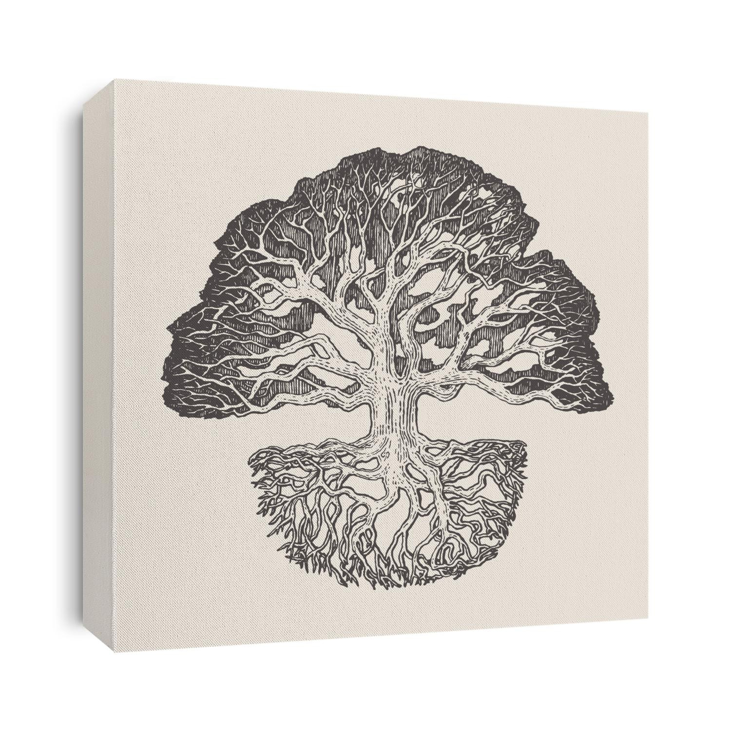 High detailed illustration of an old oak tree with a root system, hand drawn, vector