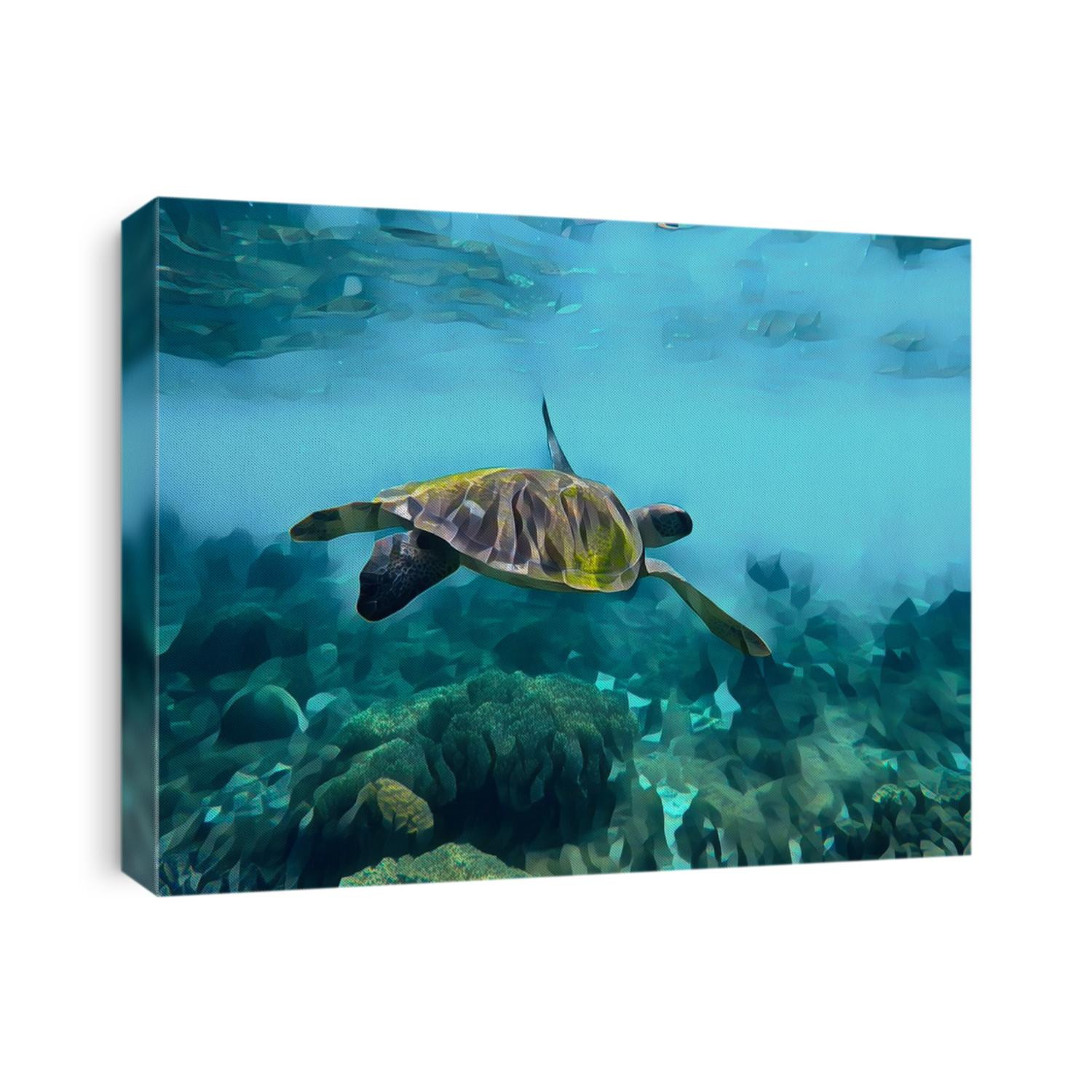 Sea turtle swimming in sea water. Digital illustration of exotic undersea animal. Tropical island lagoon. Warm sea coral reef and wild fauna. Underwater life landscape. Sea bottom picture with turtle