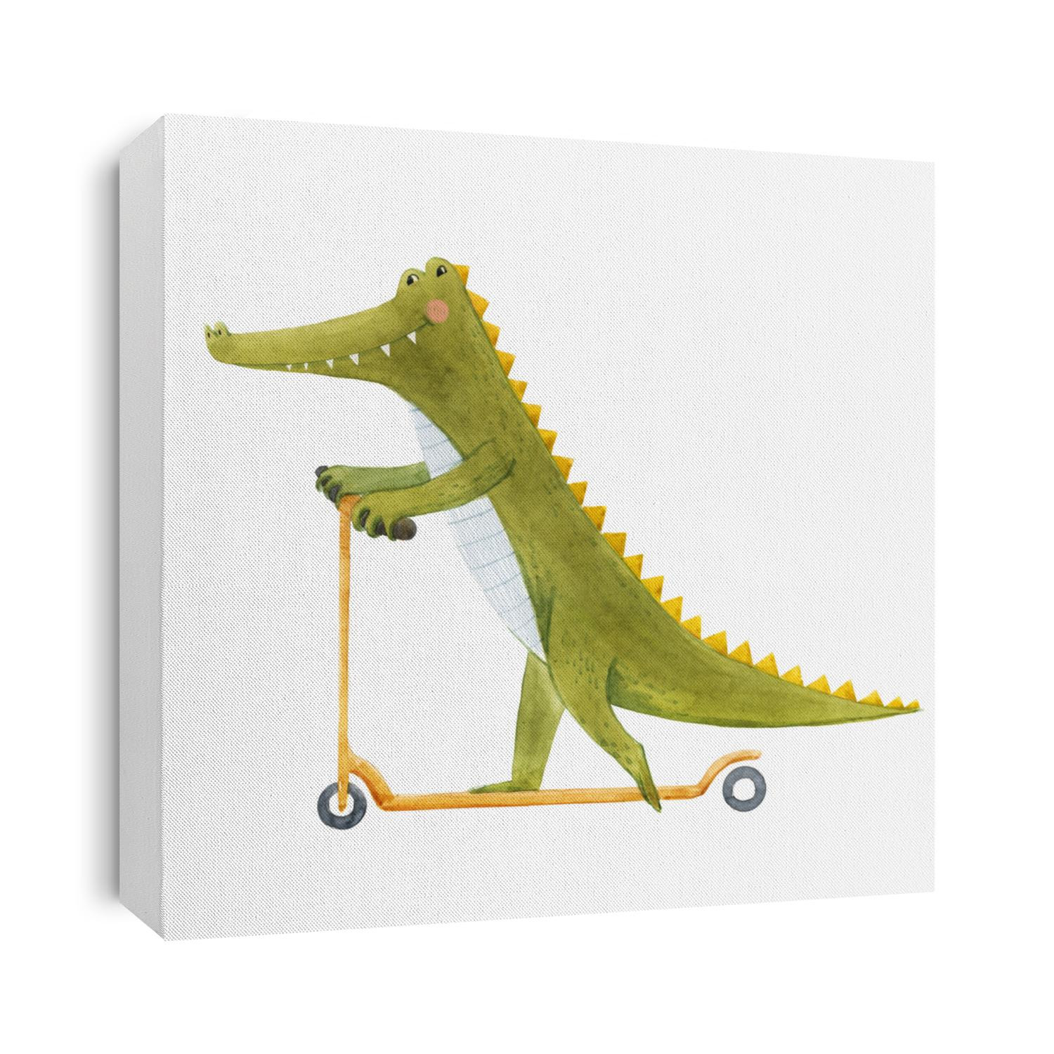 Beautiful stock illustration with cute watercolor crocodile on scooter. Baby alligator hand drawn painting.