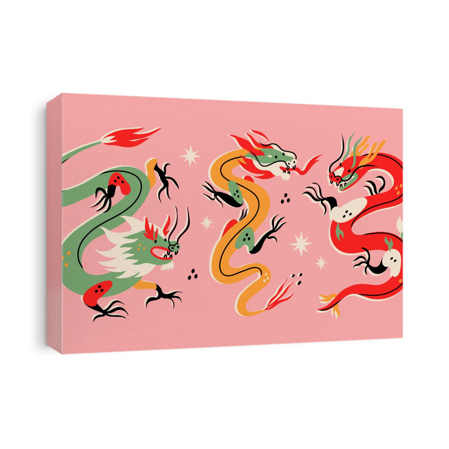 Three various Dragons. Mythological creatures. Zodiac sign. Chinese asian cartoon style. Hand drawn colored Vector illustration. Tattoo idea. Print templates. Every dragon is isolated on pink