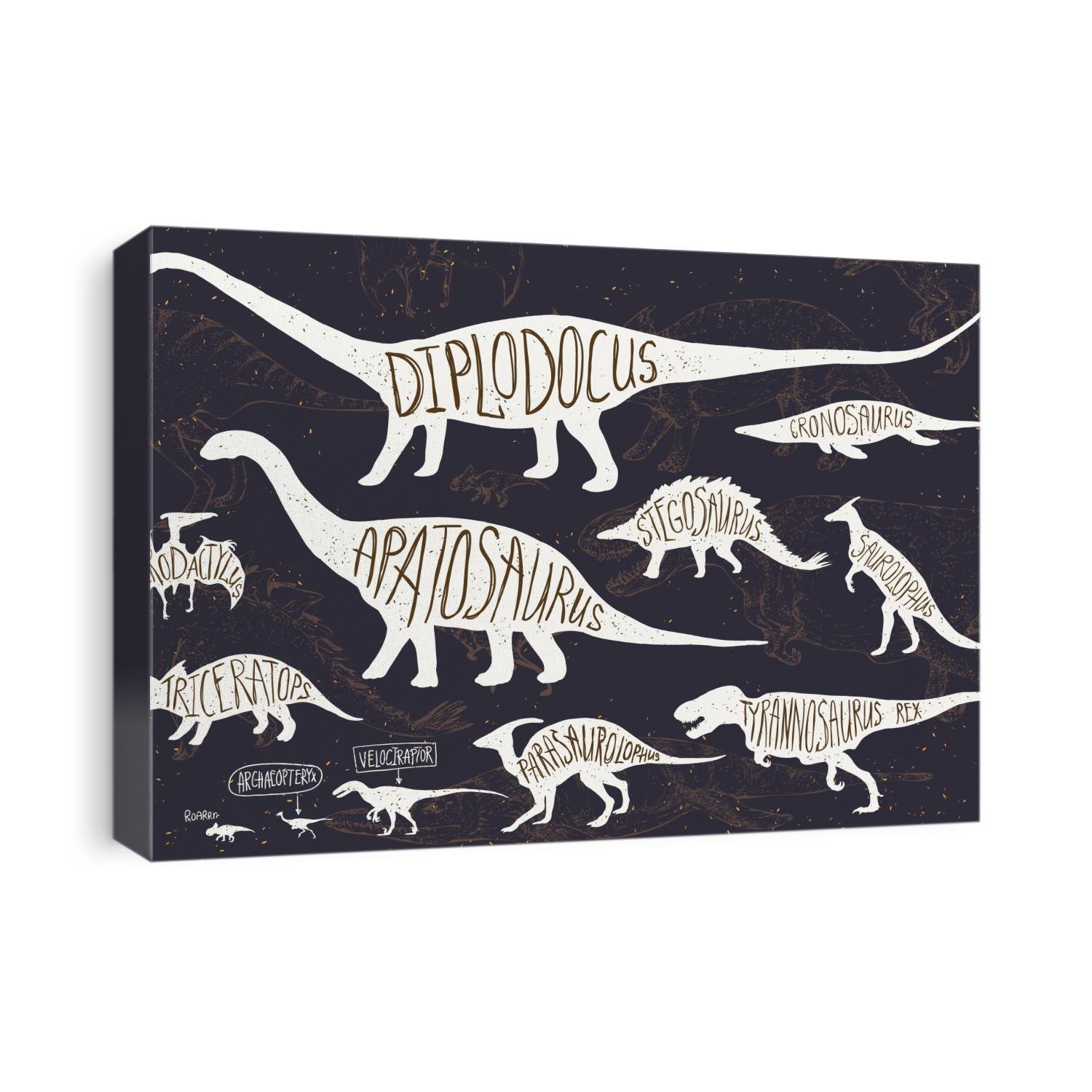 Set of silhouettes of dinosaurs and fossils. Hand drawn vector illustration with decorative lettering of dinosaurs names. Man and children, comparison of realistic size, separated elements.