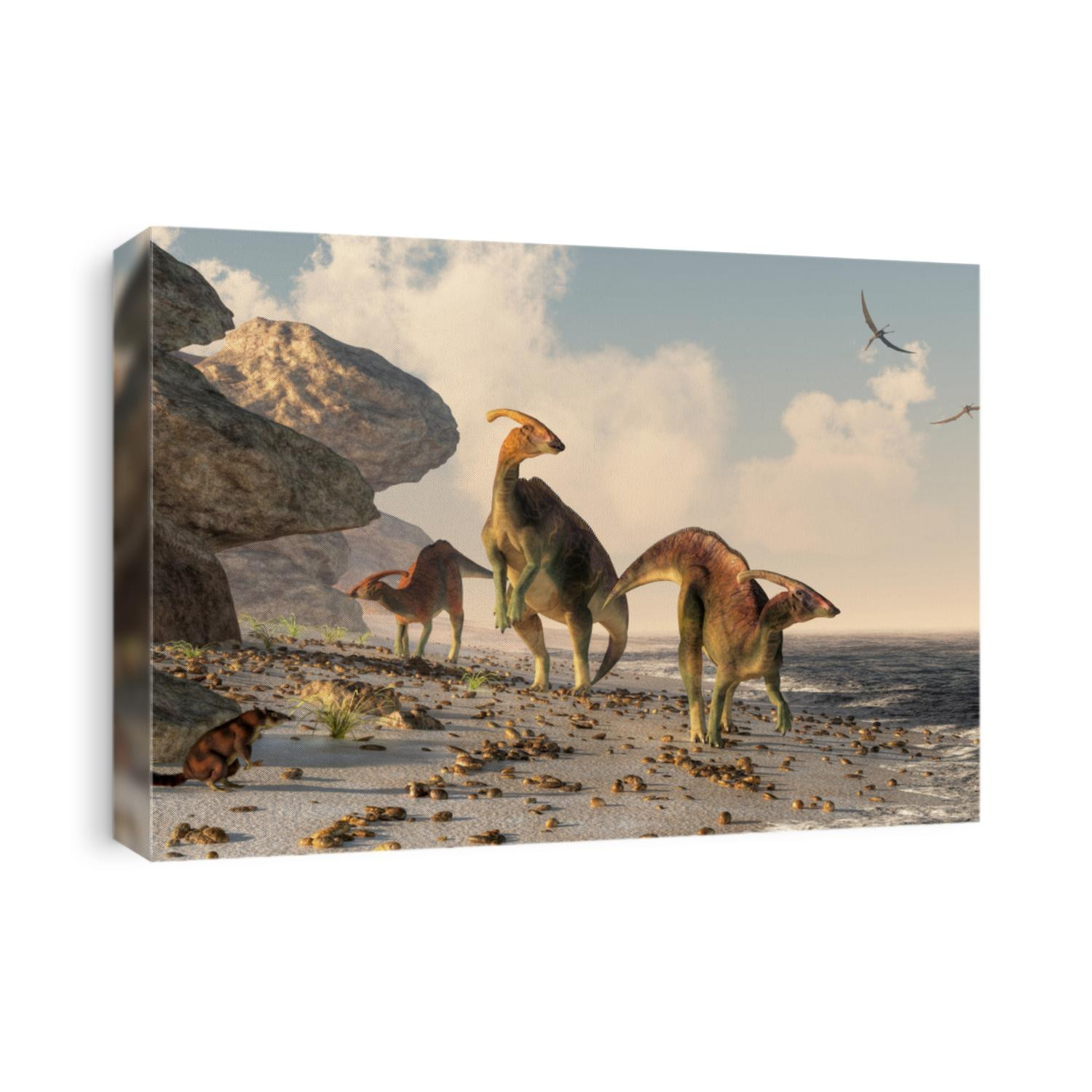 Three parasaurolophus stand on a rock beach.  Pterasaurs fly over head and a small mammal watches the dinosaurs as they meander along the water's edge. 3DRendering
