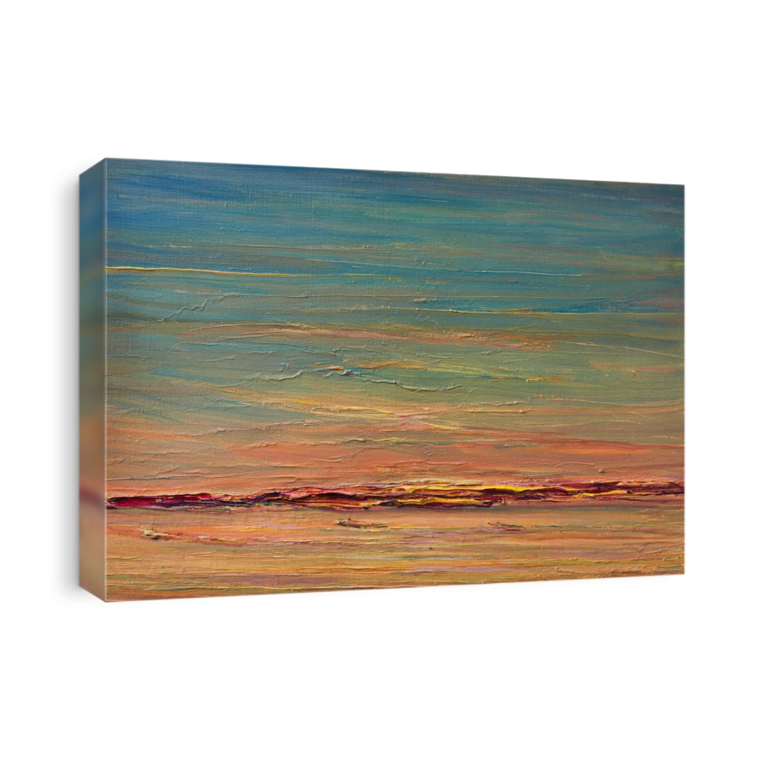 An oil painting on canvas of a colorful expressive sunset landscape over the river. Blue sky with pink, red, orange and yellow hues reflecting in the water surface.