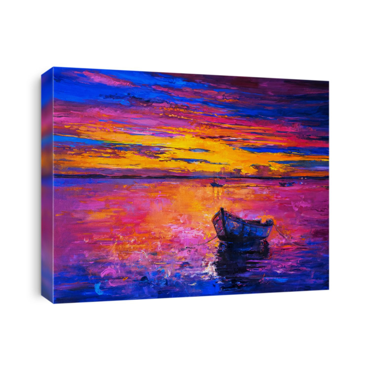 Original oil painting on canvas. Sky sunset and boat on the water. Modern impressionism