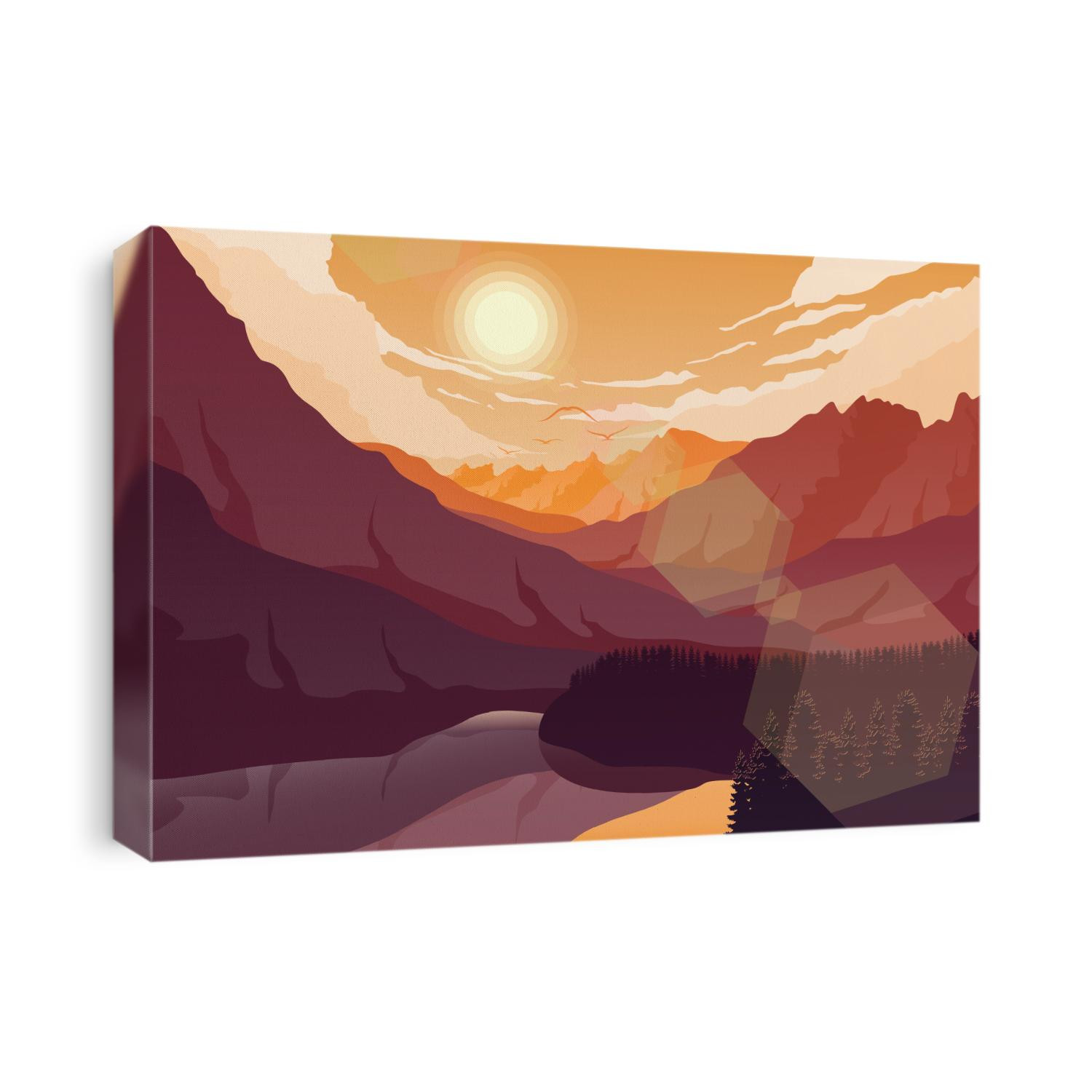 Vector illustration of Sunset mountain landscape with forest and lake