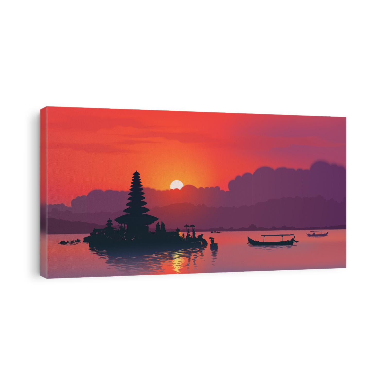 Red sunset with silhouette of famous balinese Ulun Danu water temple and fisherman boats on lake Bratan, Bali, Indonesia. Realistic vector illustration background