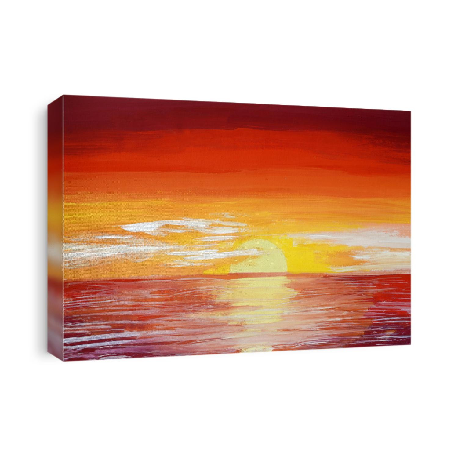 Drawing of bright sea sunset sunrise, yellow red clouds, orange highlights on water. Picture contains interesting idea, evokes emotions aesthetic pleasure. Natural paints. Concept art painting texture