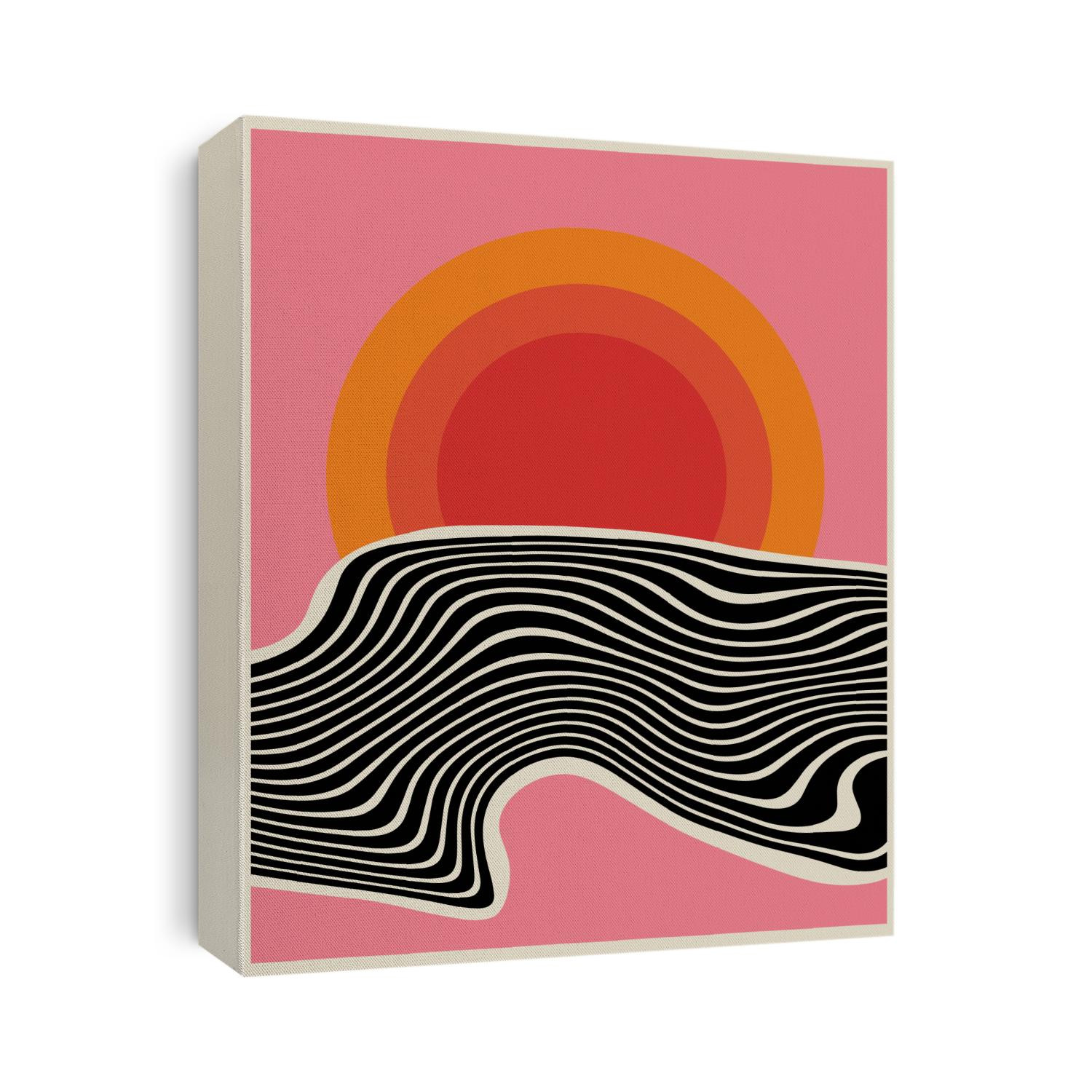 Minimalistic digital art. Poster. Print for interior design or any graphic design. Sunny sunset. 
Sea ​​waves on the background of the sun. Hot weather. Summertime. Warm color palette. Vector EPS 10.