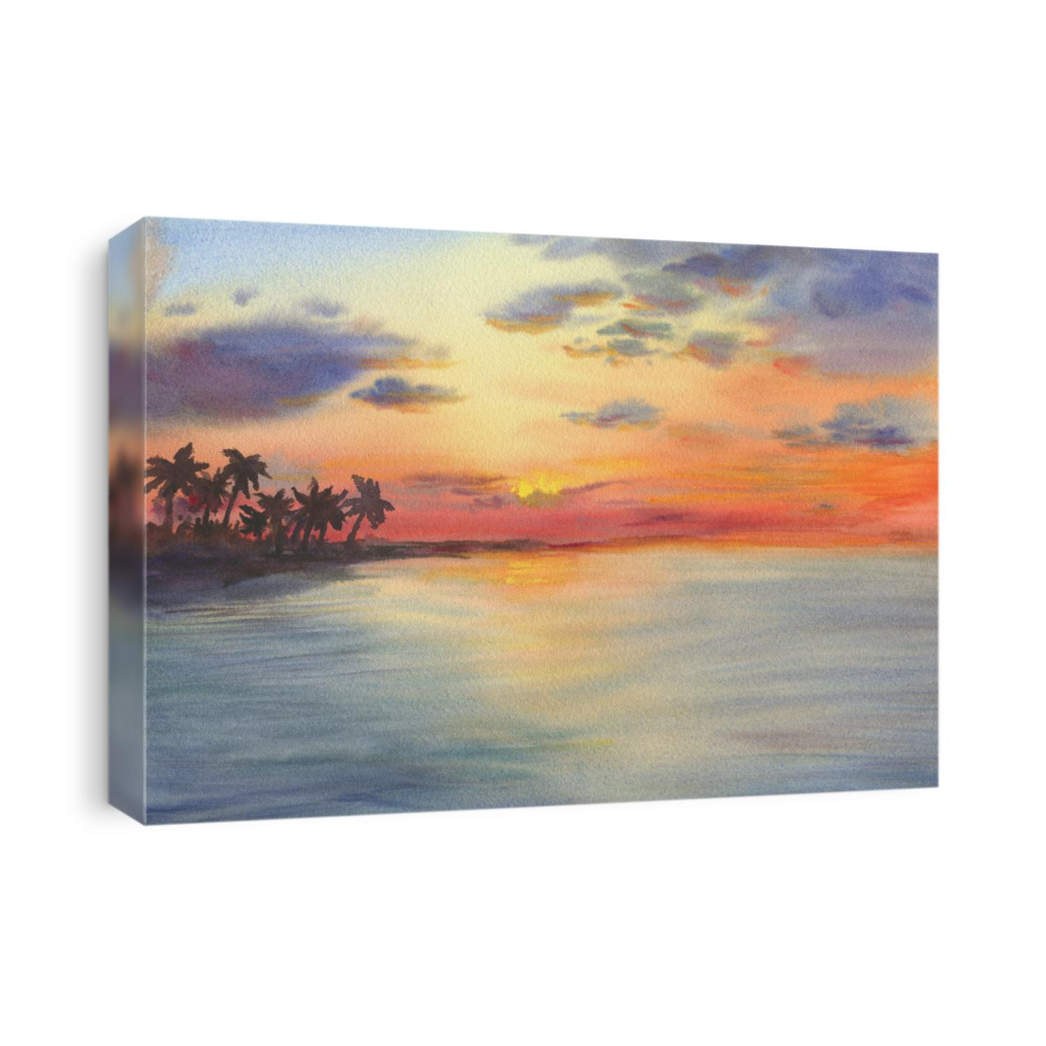 Abstract landscape with palms on the beach ocean at sunset. View of silhouettes hills, cloudy sky. Watercolor hand drawn painting illustration.